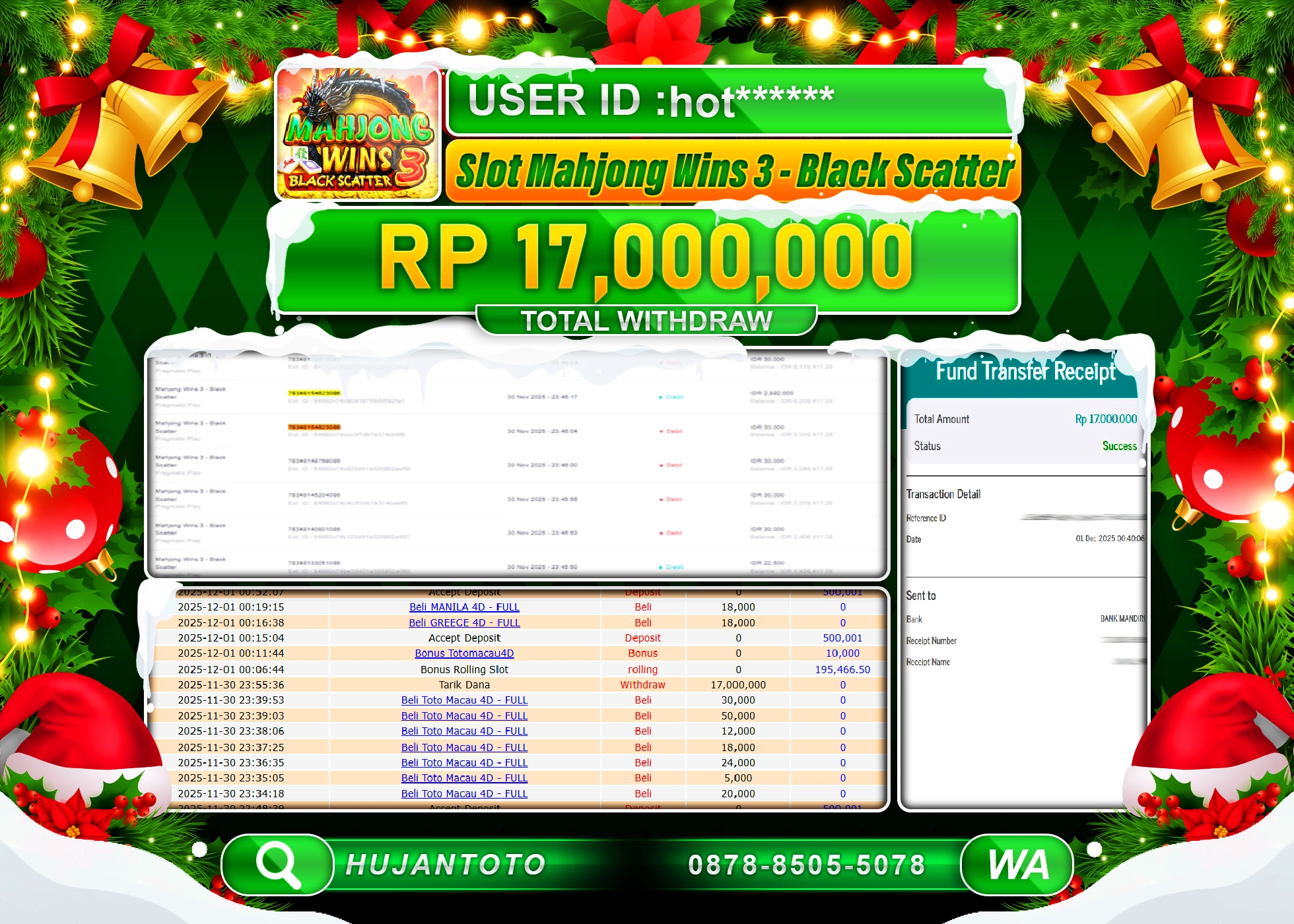 HUJANTOTO - BUKTI JACKPOT MENANG MAHJONG WINS 3 - BLACK SCATTER Rp.17,000,000 - TERBAYAR LUNAS