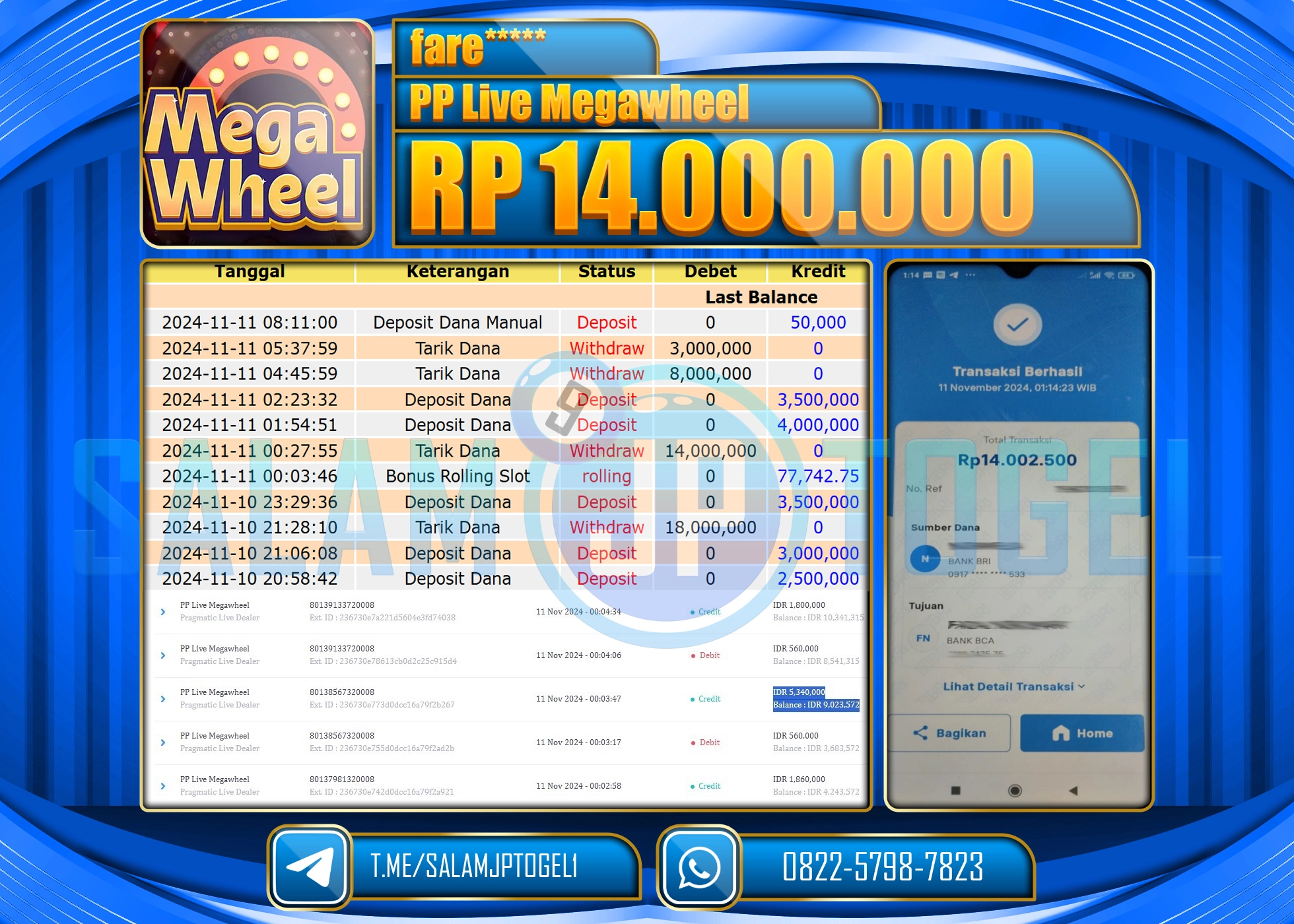 SALAMJPTOGEL MENANG PP LIVE MEGAWHEEL RP. 14,000,000 LUNAS