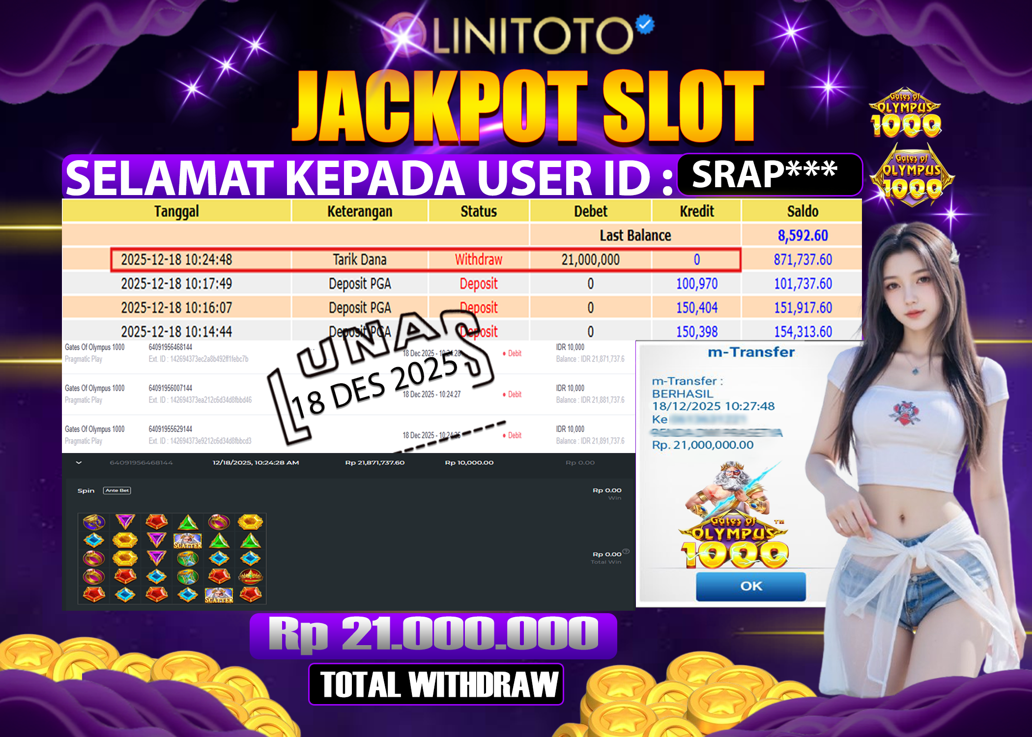 LINITOTO JACKPOT SLOT Gates Of Olympus 1000 Rp.21,000,000 - LUNAS