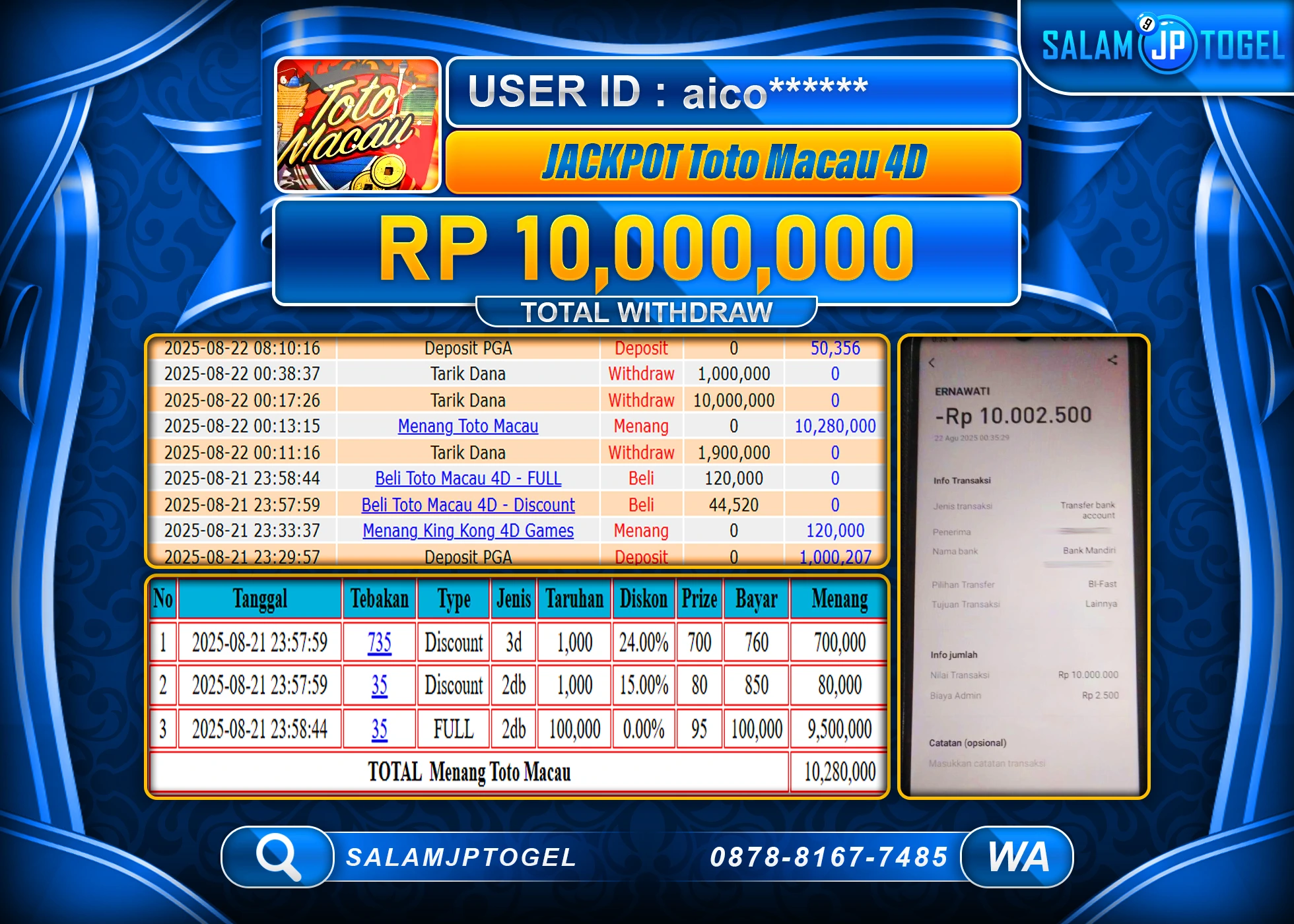 SALAMJPTOGEL MENANG TOTO MACAU 4D Rp.10,000,000