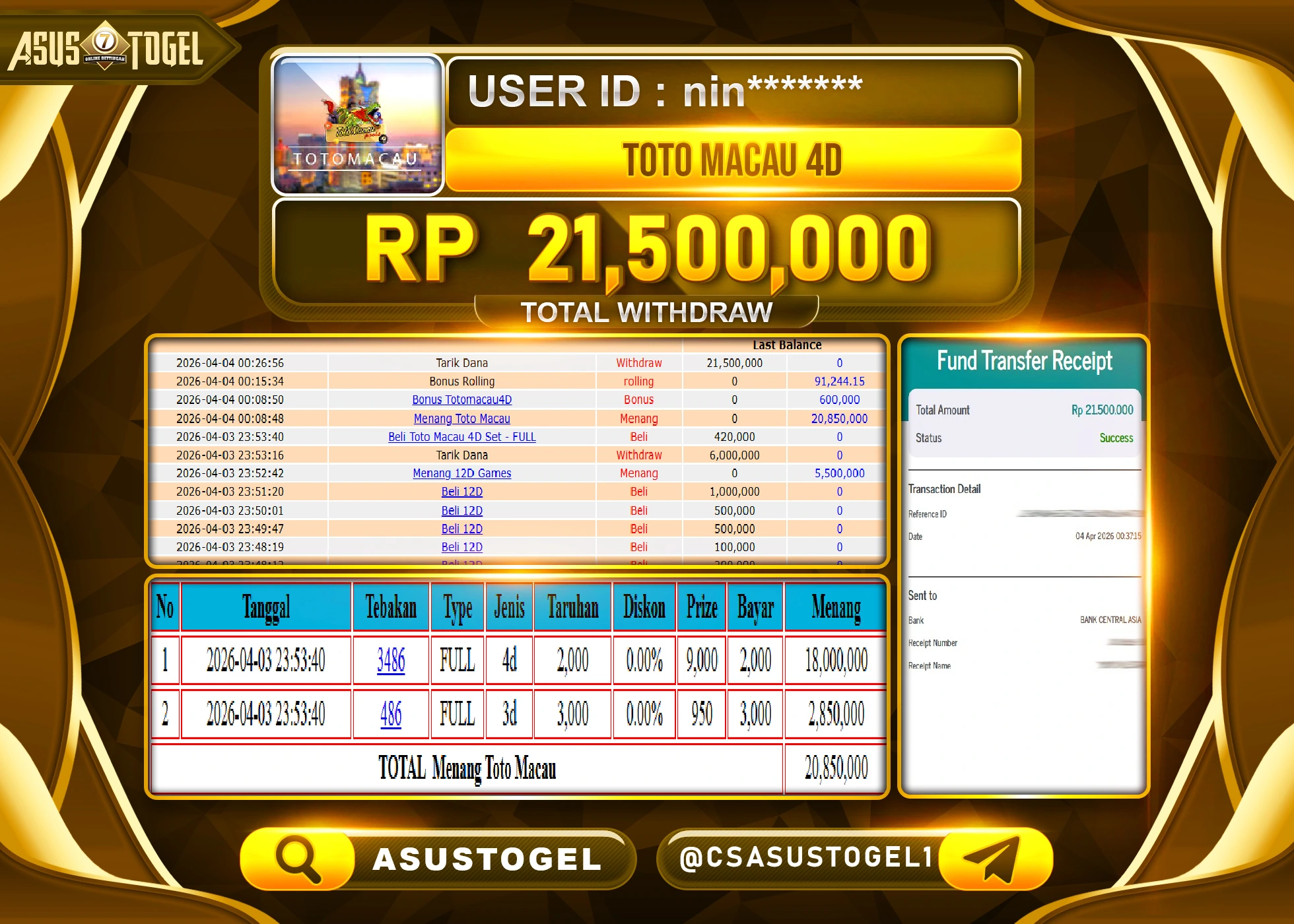 ASUSTOGEL KEMENANGAN JACKPOT DI PERMAINAN TOGEL PASARAN TOTO MACAU 4D  Rp.21,500,000 - RUPIAH LUNAS