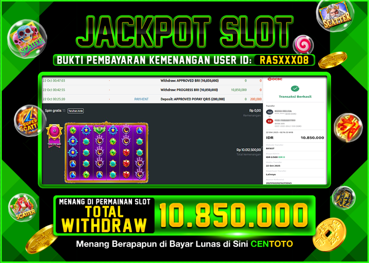 BUKTI JACKPOT SLOT CENTOTO RP.10.850.000,-LUNAS