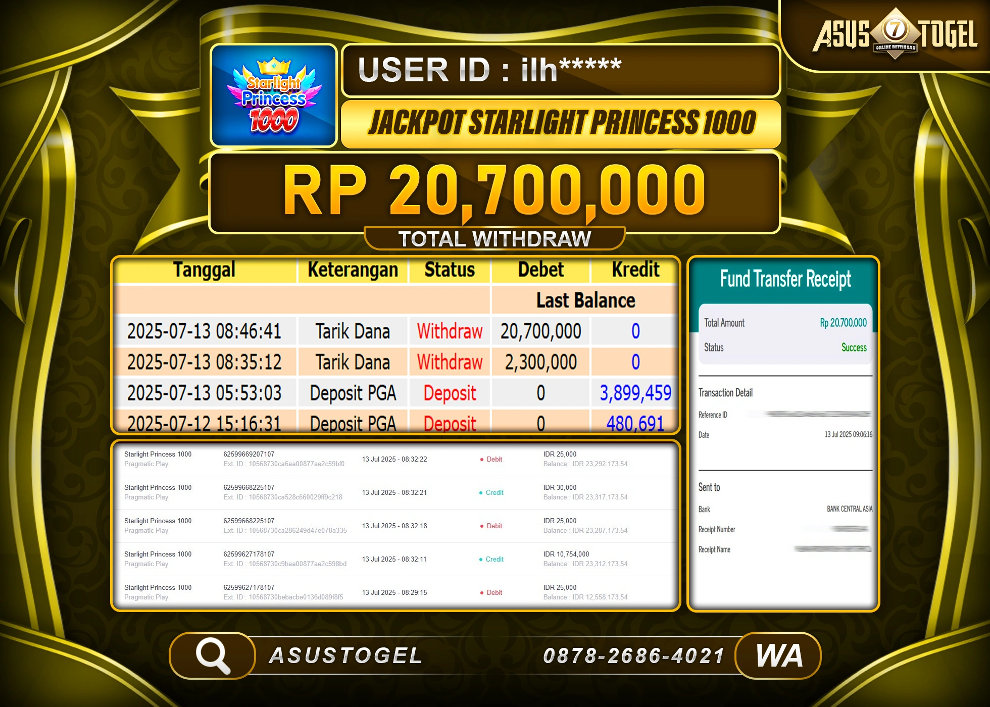 ASUSTOGEL KEMENANGAN DI SLOT STARLIGHT PRINCESS 1000 SEBESAR 20,700,000- RUPIAH LUNAS