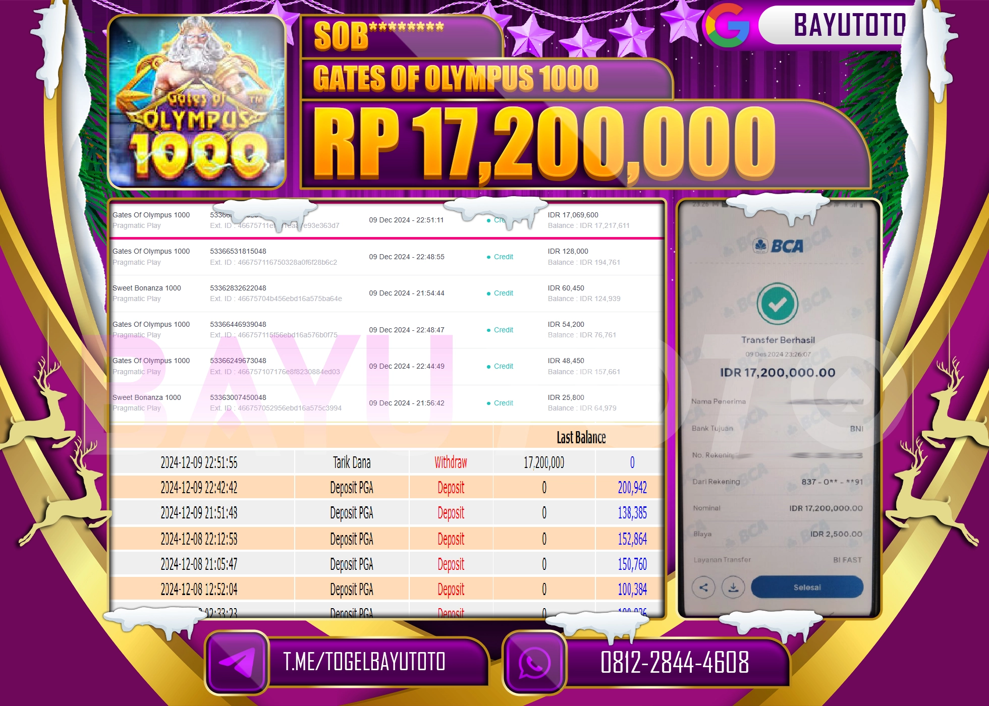 BAYUTOTO MENANG SLOT GATES OF OLYMPUS 1000 17,200,000- LUNAS