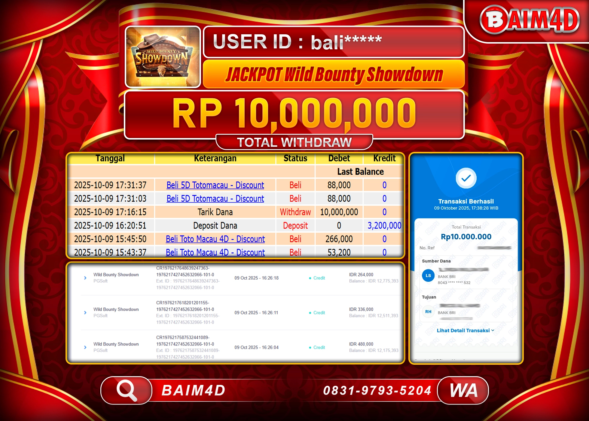BAIM4D JACKPOT SLOT WILD BOUNTY SHOWDOWN Rp.10,000,000.- LUNAS