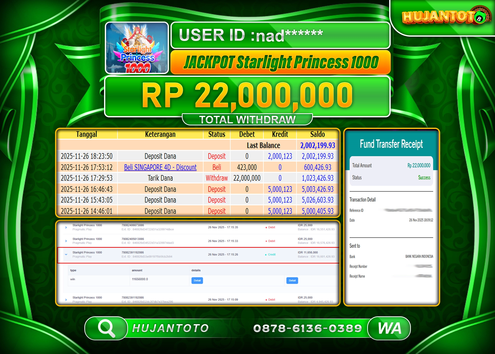 HUJANTOTO - BUKTI JACKPOT MENANG SLOT STARLIGHT PRINCESS 1000 Rp.22,000,000 - TERBAYAR LUNAS