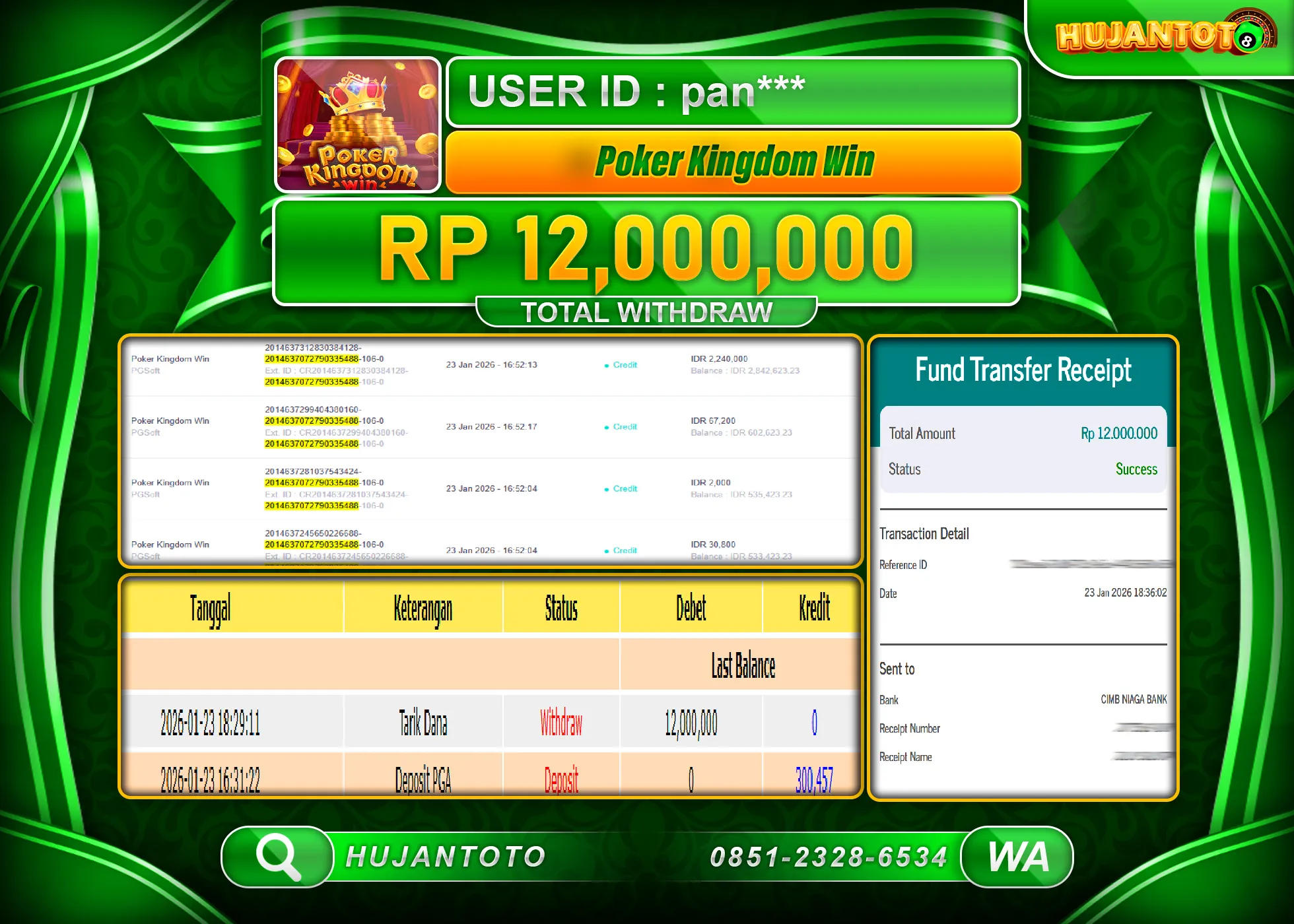 HUJANTOTO - BUKTI JACKPOT MENANG SLOT POKER KINGDOM WIN Rp.12,000,000 - TERBAYAR LUNAS