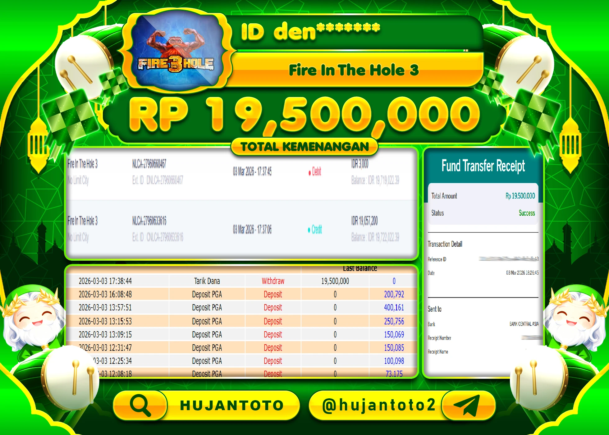 HUJANTOTO - BUKTI JACKPOT MENANG SLOT FIRE IN THE HOLE 3 NO LIMIT CITY Rp.19,500,000 - TERBAYAR LUNAS