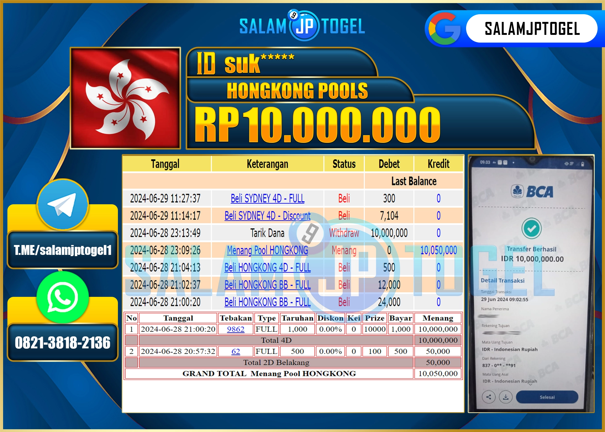 SALAMJPTOGEL MENANG HONGKONG POOLS RP. 10,000,000.,LUNAS