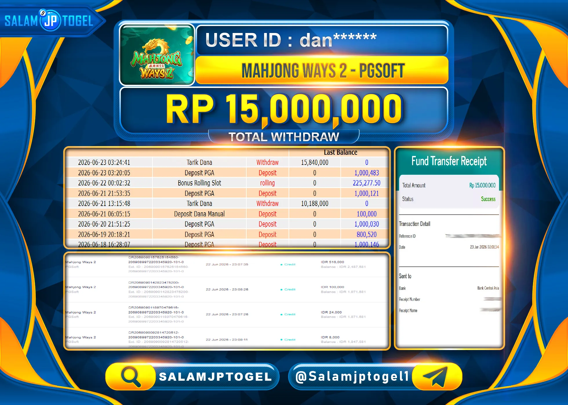 SALAMJPTOGEL Menang SLOT MAHJONG WAYS 2 - PROVIDER PG SOFT  Rp.15,000,000- LUNAS