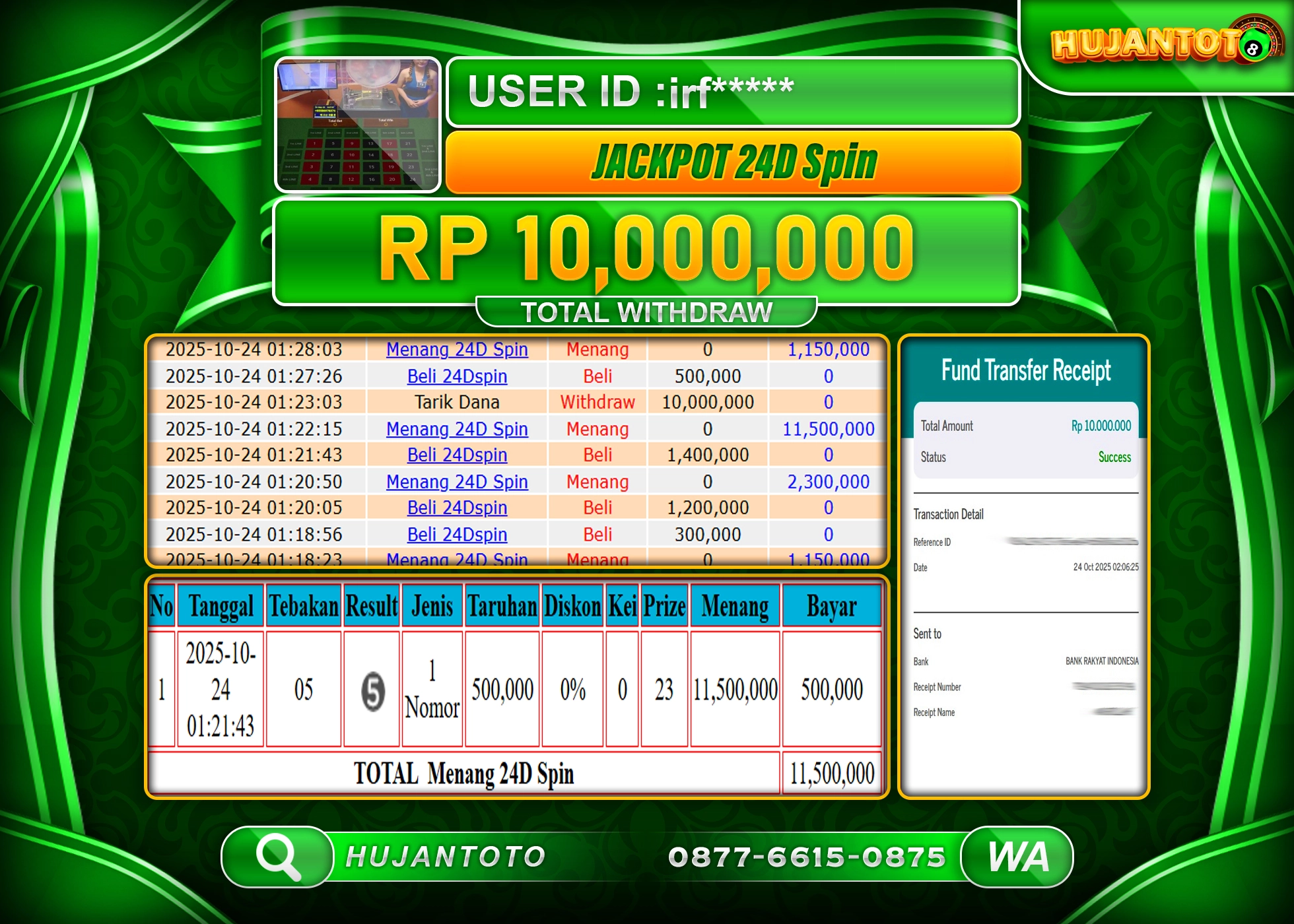 HUJANTOTO - BUKTI JACKPOT MENANG DI LIVE GAME 24D SPIN Rp.10,000,000 - TERBAYAR LUNAS