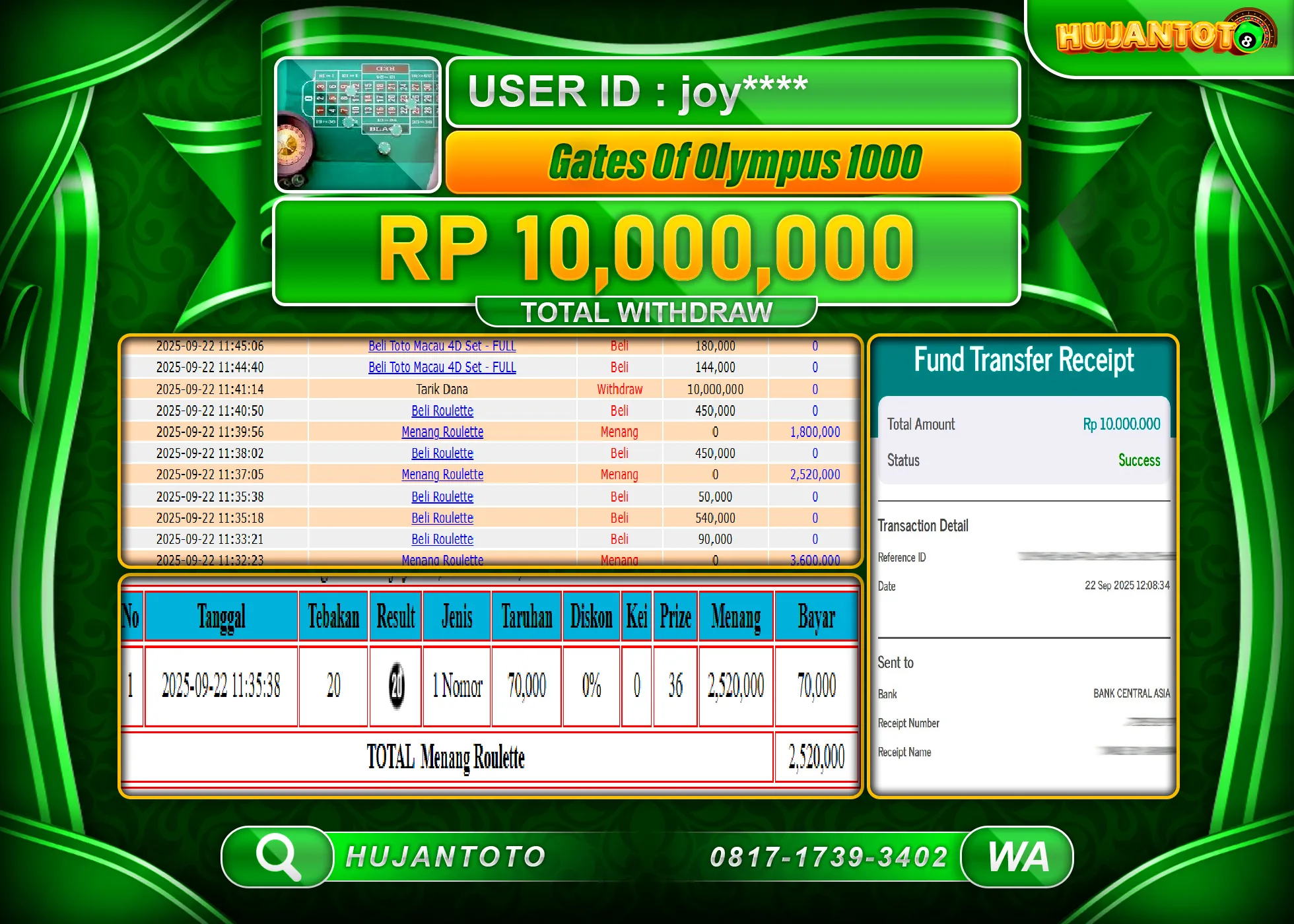 HUJANTOTO - BUKTI JACKPOT MENANG SLOT GATES OF OLYMPUS 1000 Rp.10,000,000 - TERBAYAR LUNAS