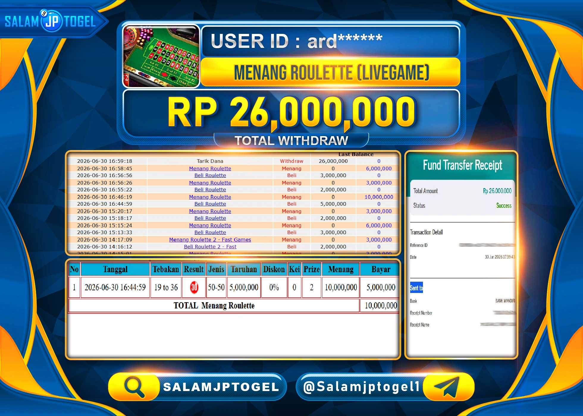 SALAMJPTOGEL JACKPOT MENANG LIVEGAMES ROULETTE GAMES Rp.26,000,000 - LUNAS