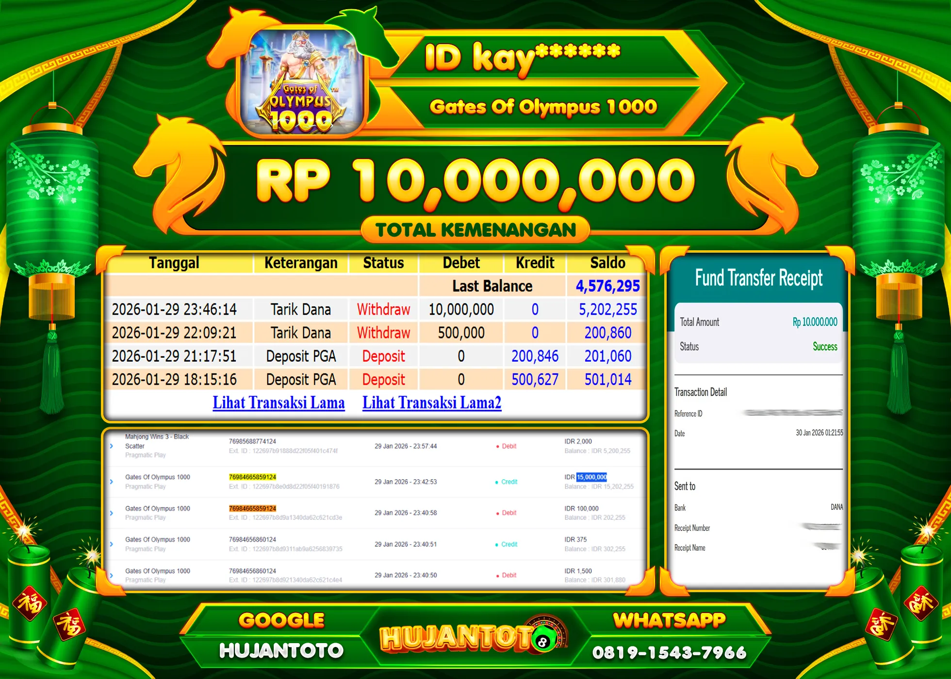HUJANTOTO - BUKTI JACKPOT MENANG SLOT GATES  OF OLYMPUS 1000 Rp.10,000,000 - TERBAYAR LUNAS