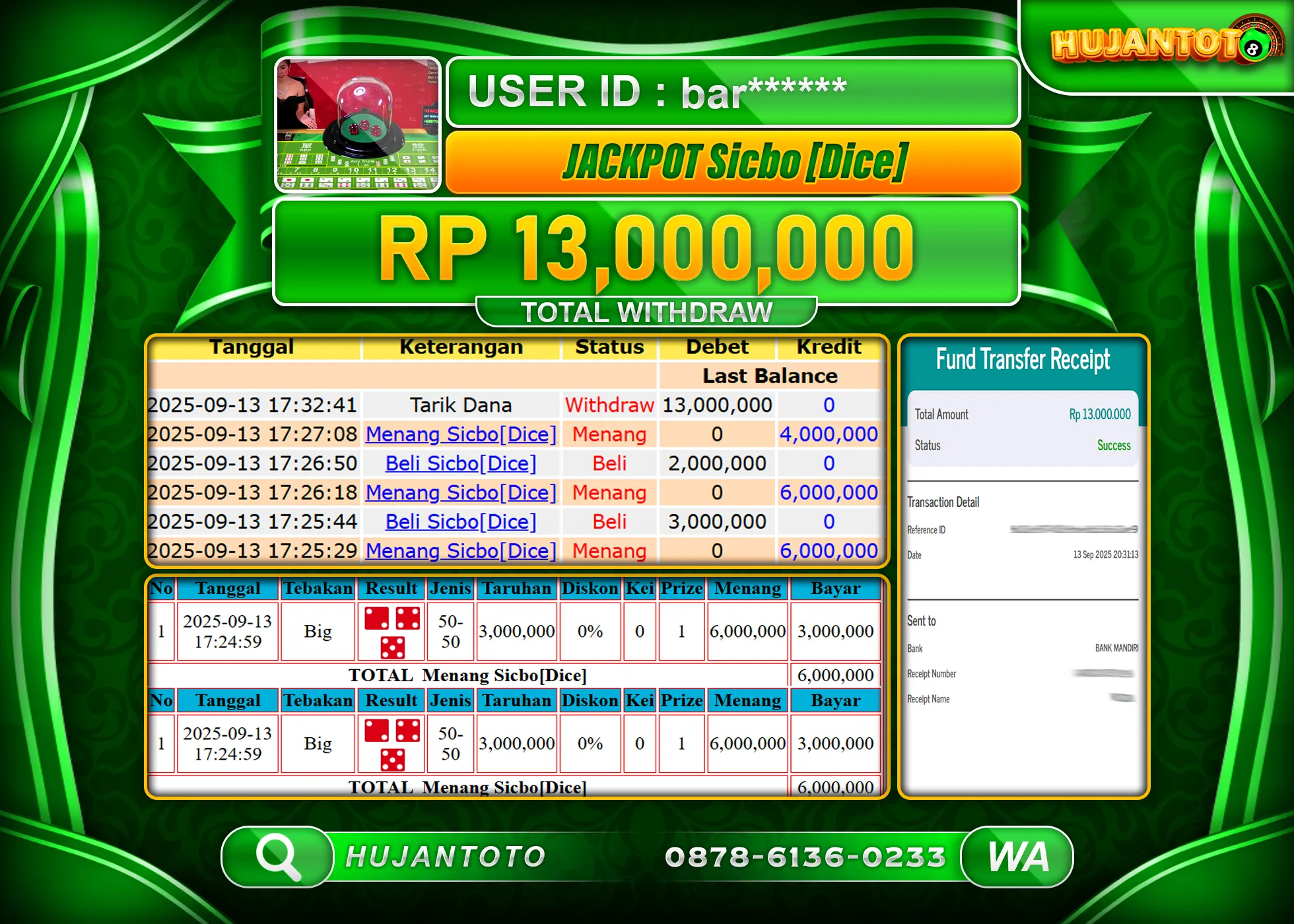 HUJANTOTO - BUKTI JACKPOT MENANG LIVE GAMES SICBO DICE Rp.13,000,000 - TERBAYAR LUNAS