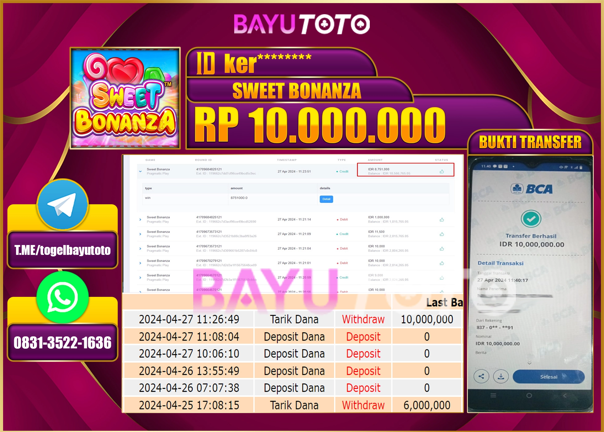 BAYUTOTO JACKPOT SLOT GAME SWEET BONANZA Rp.10.000.000 LUNAS