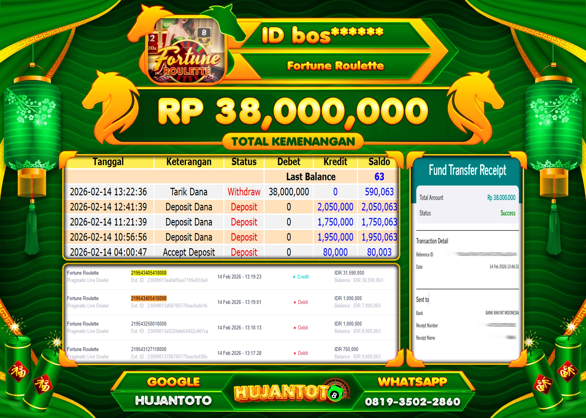 HUJANTOTO - BUKTI JACKPOT MENANG LIVEGAMES FORTUNE ROULETTE Rp.38,000,000 - TERBAYAR LUNAS