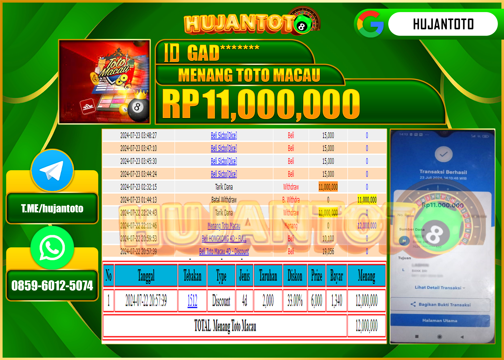 HUJANTOTO MENANG PERMAINAN TOGEL TOTO MACAU 11.000.000 - TERBAYAR LUNAS 