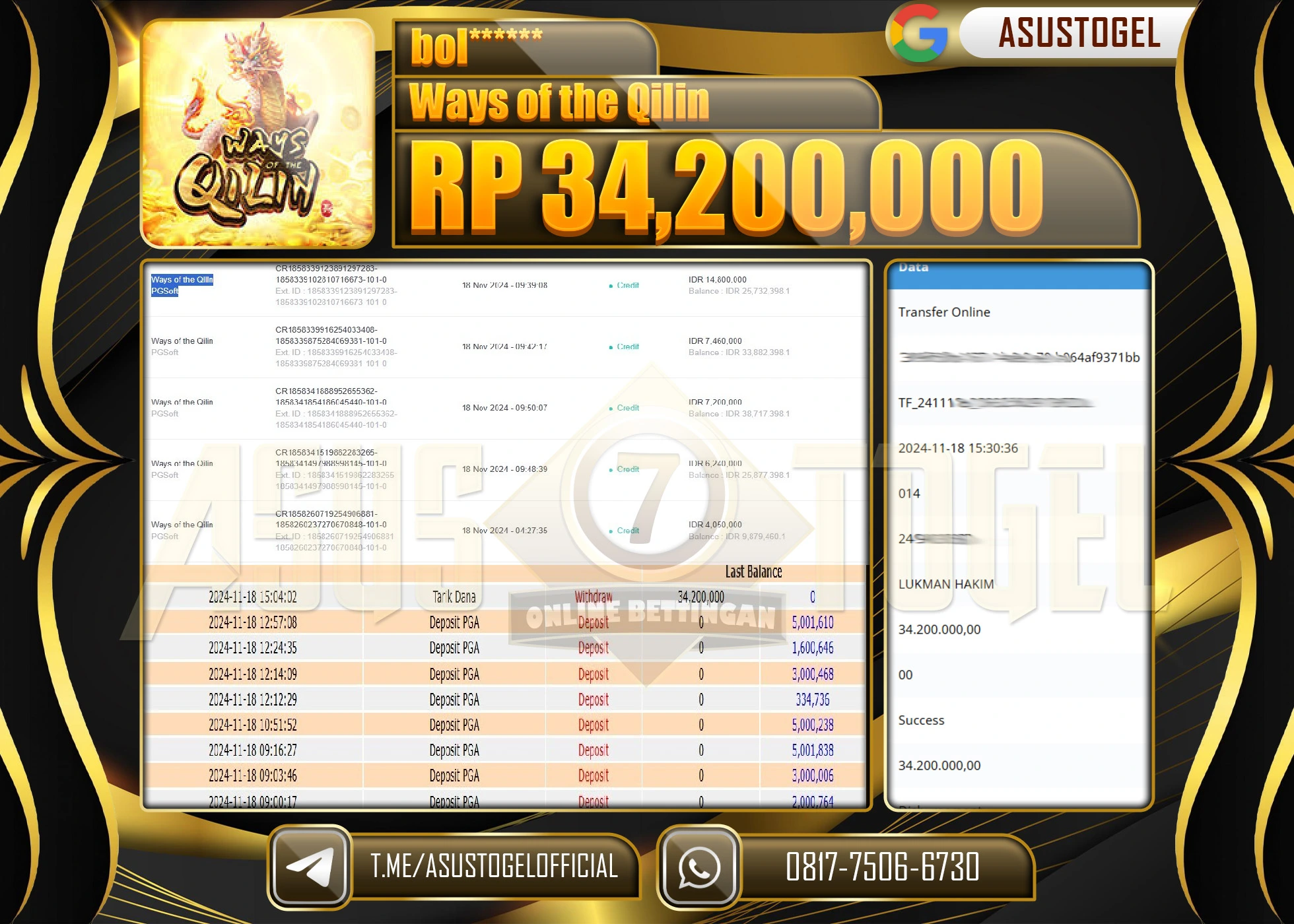 ASUSTOGEL KEMENANGAN GAMES  WAYS OF THE QILIN SEBESAR 34,200,000- RUPIAH LUNAS
