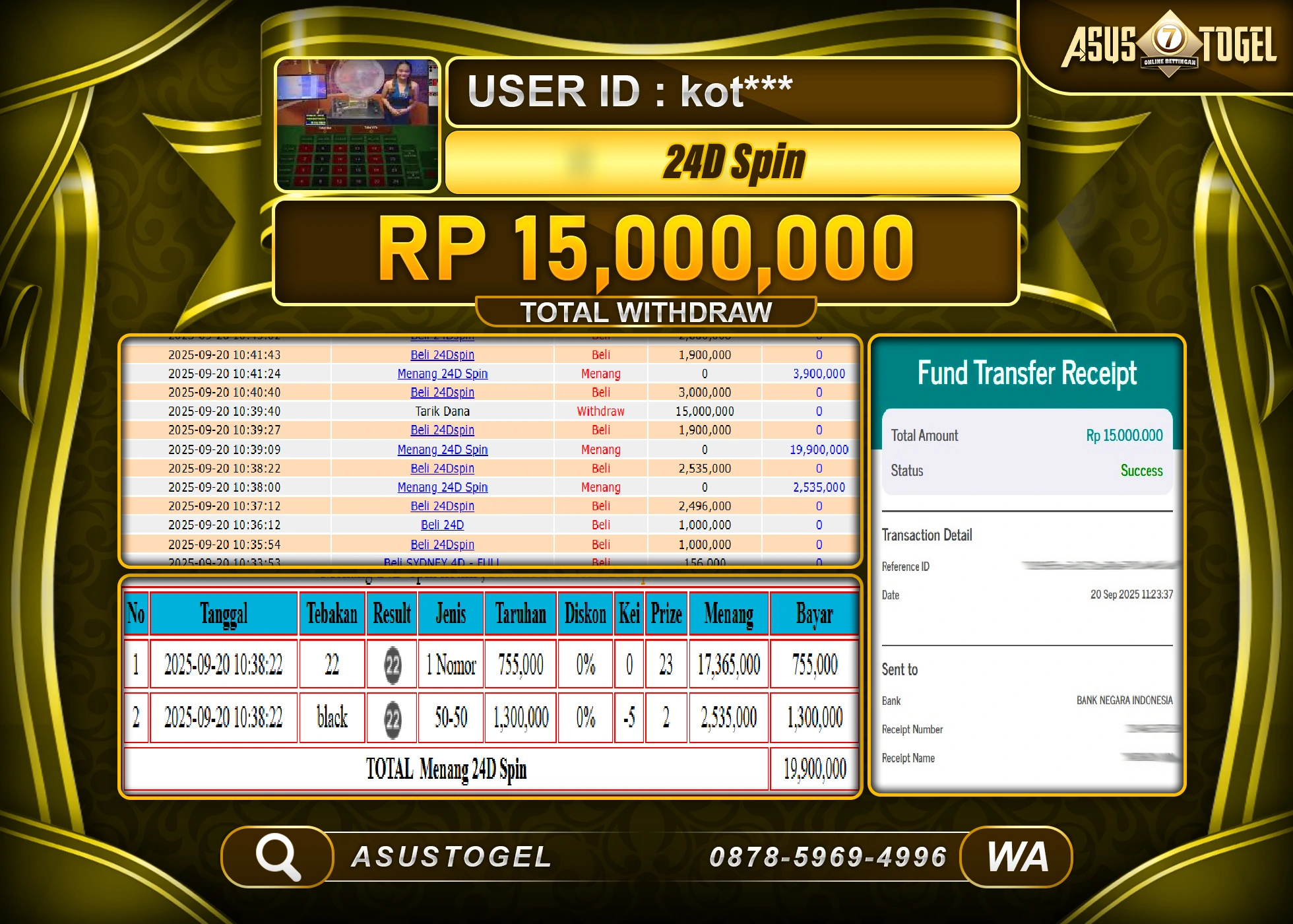 ASUSTOGEL KEMENANGAN DI LIVE GAMES 24D SPIN SEBESAR 15,000,000- RUPIAH LUNAS