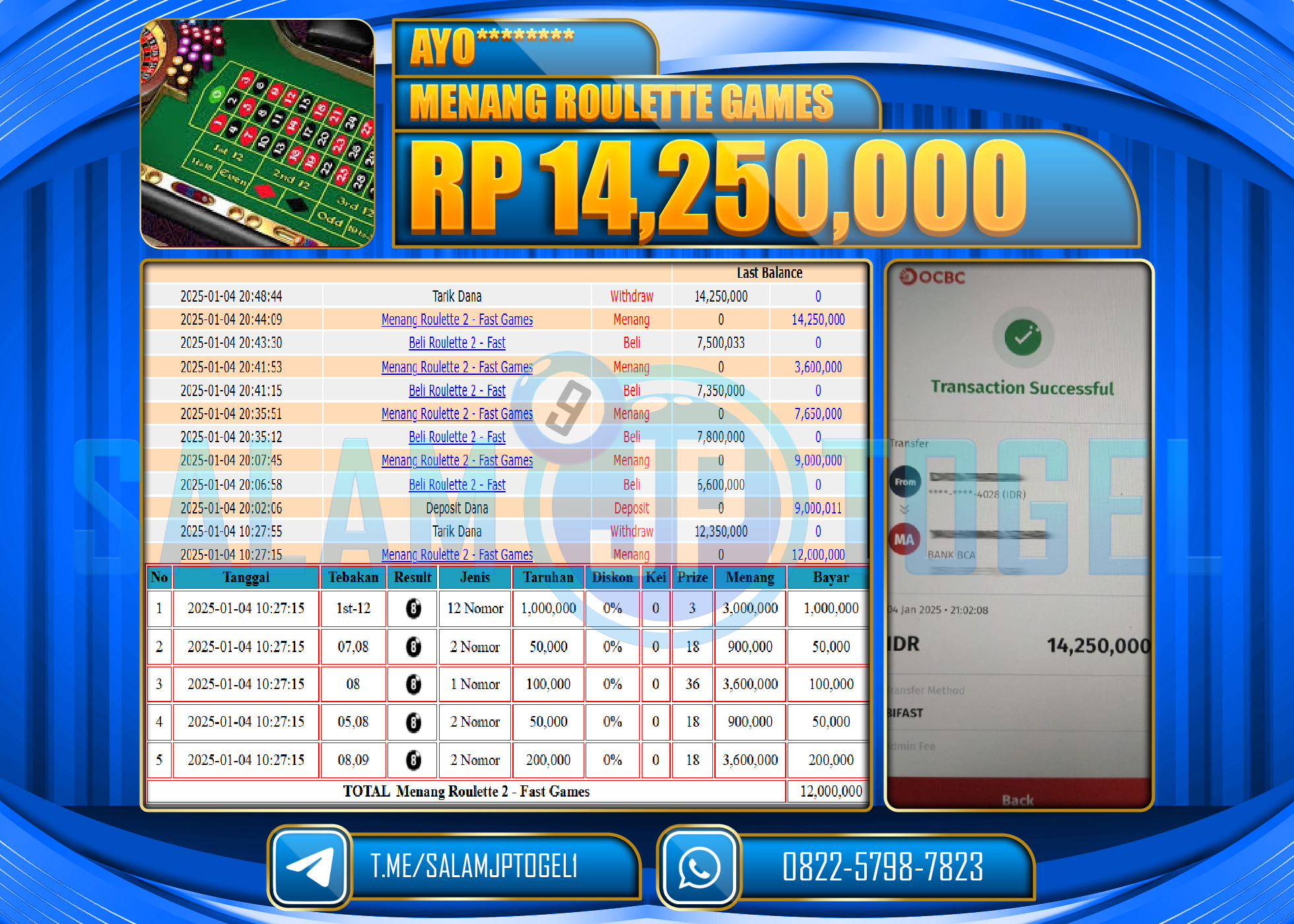 SALAMJPTOGEL MENANG LIVE ROULETTE 2 GAMES Rp.14,250,000 LUNAS