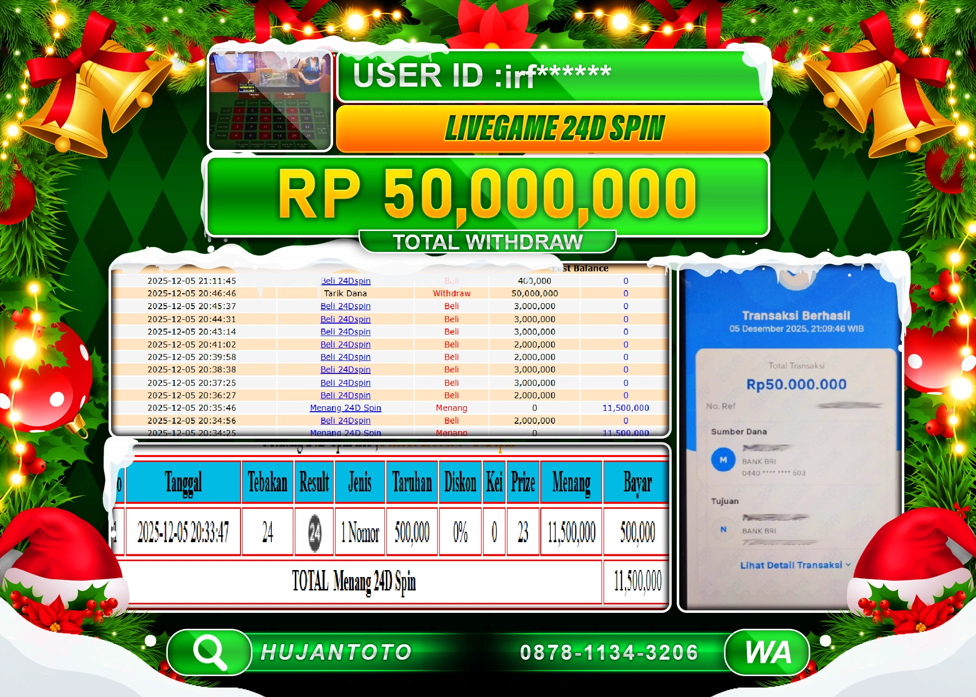 HUJANTOTO - BUKTI JACKPOT MENANG LIVEGAME 24D SPIN GAMES Rp.50,000,000 - TERBAYAR LUNAS