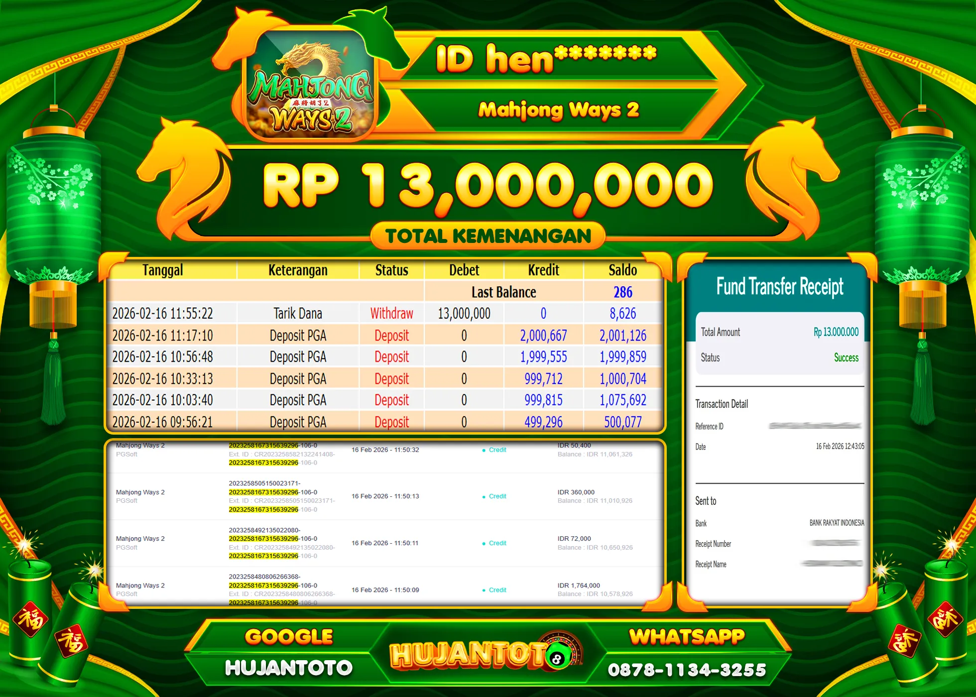 HUJANTOTO - BUKTI JACKPOT MENANG SLOT MAHJONG WAYS 2 Rp.13,000,000 - TERBAYAR LUNAS