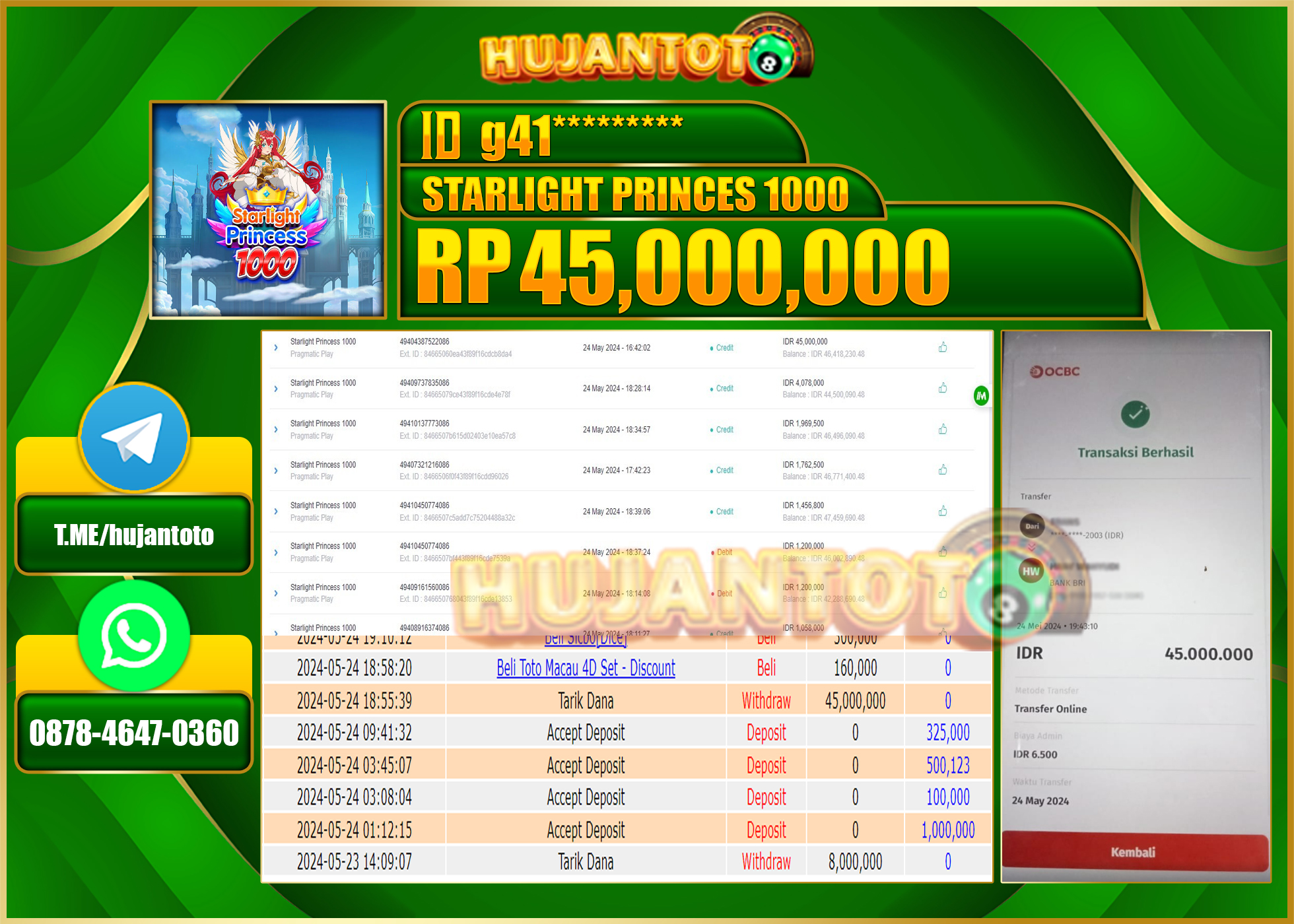 HUJANTOTO MENANG STARLIGHT PRINCESS 1000 45,000,000 - LUNAS 