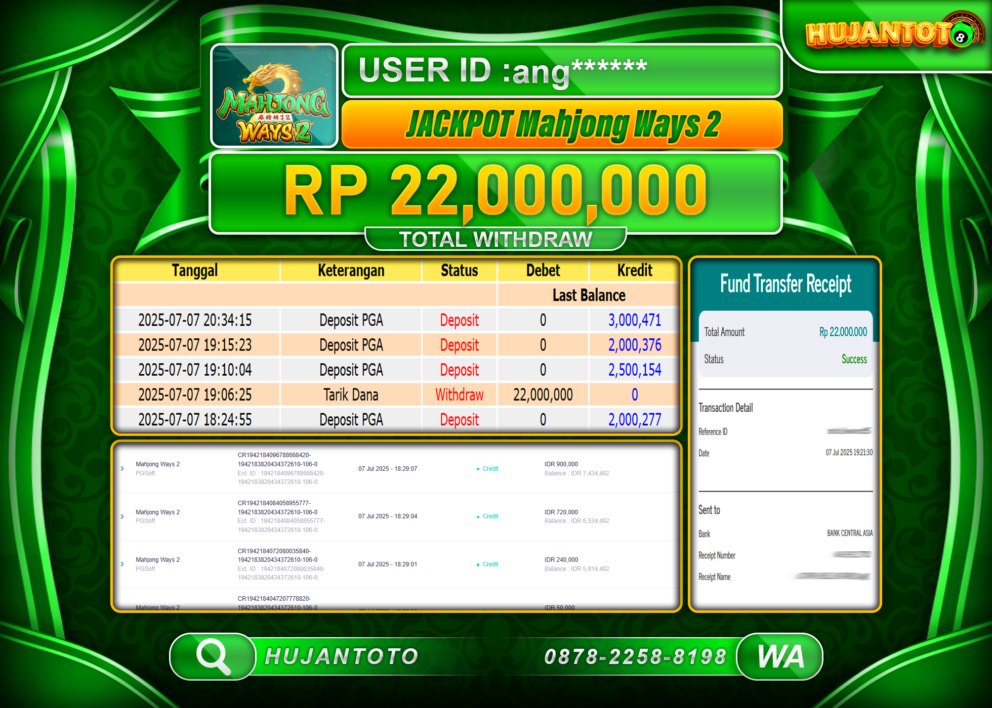 HUJANTOTO - BUKTI JACKPOT MENANG BESAR DI SLOT MAHJONG WAYS 2 Rp.22,000,000 - TERBAYAR LUNAS