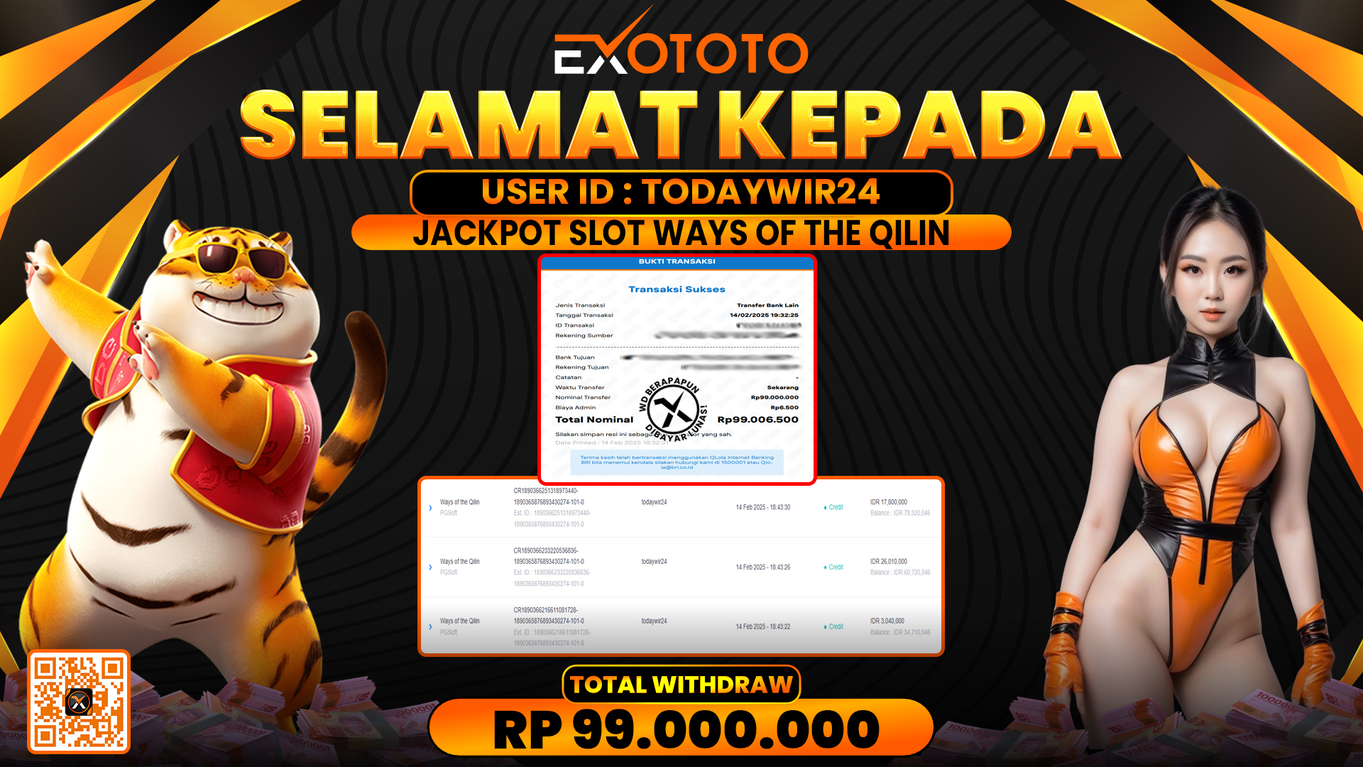 EXOTOTO JACKPOT DI SLOT WAYS OF THE QILIN RP. 99.000.000,- LUNAS