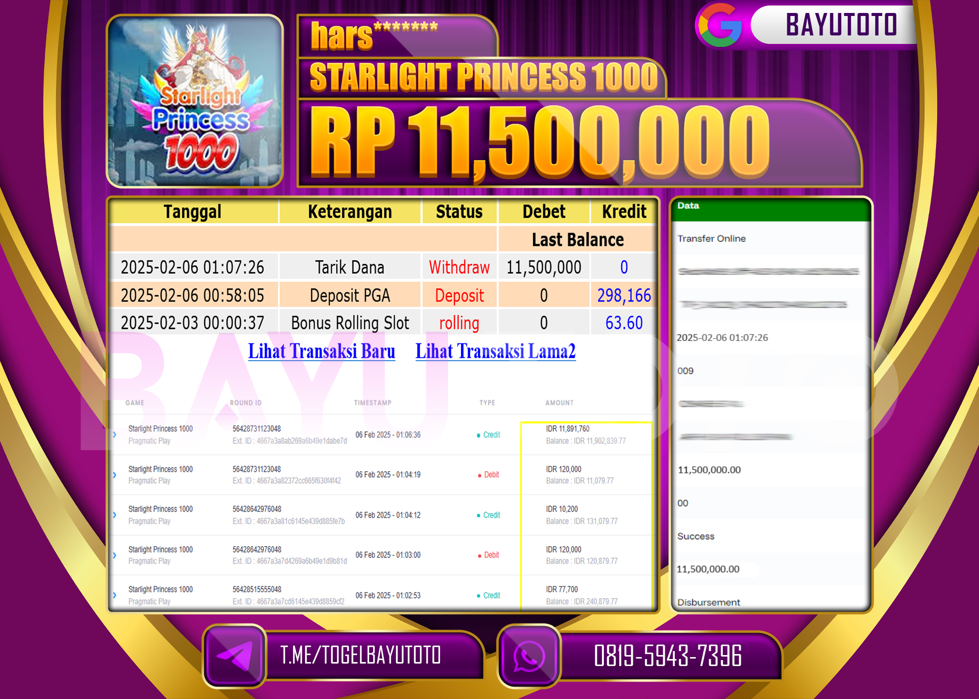 BAYUTOTO JACKPOT DI GAME STARLIGHT PRINCESS 1000  Rp.11.500.000 LUNAS