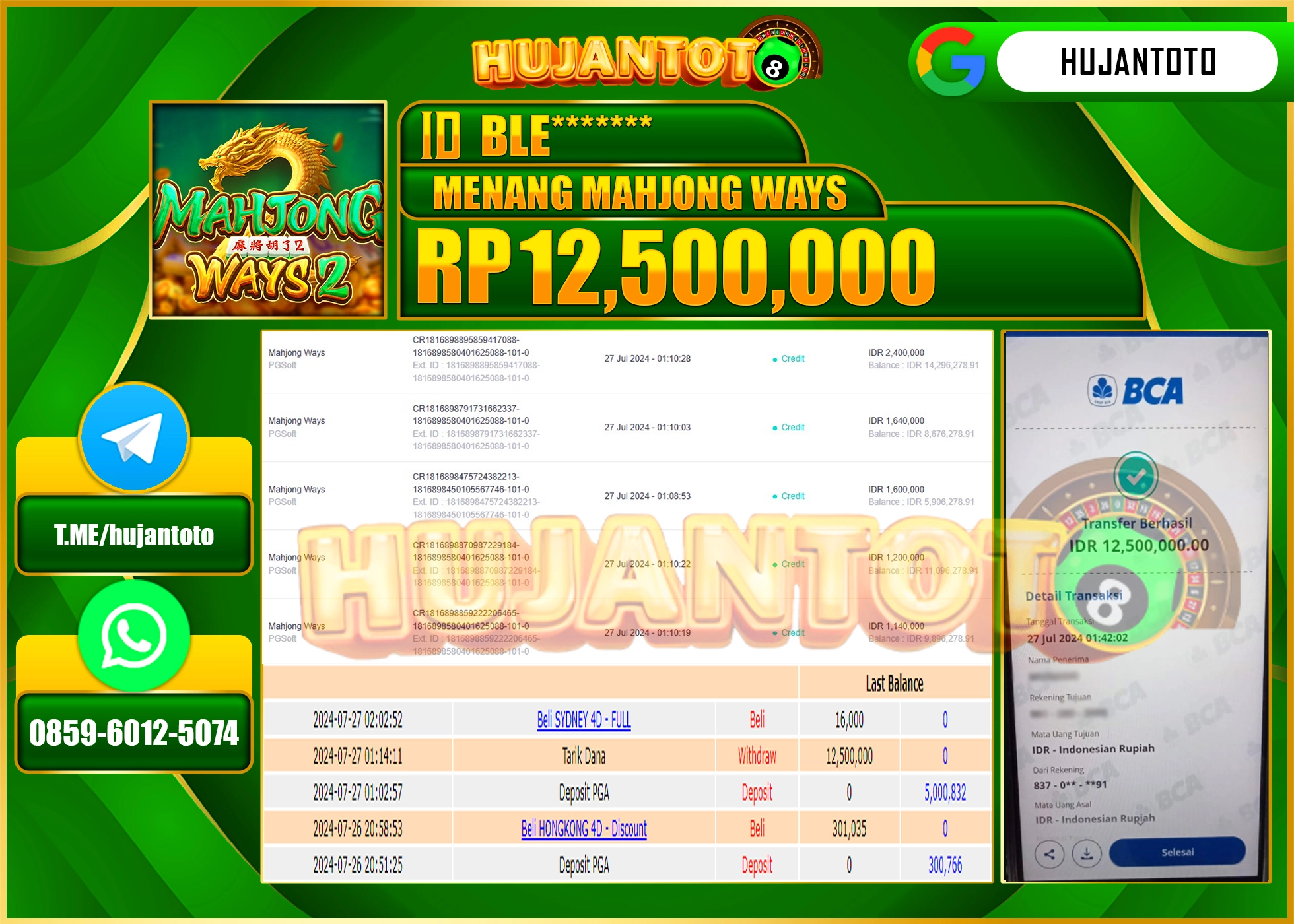 HUJANTOTO MENANG PERMAINAN MAHJONG WAYS 2 PG SOFT 12.500.000 - LUNAS 
