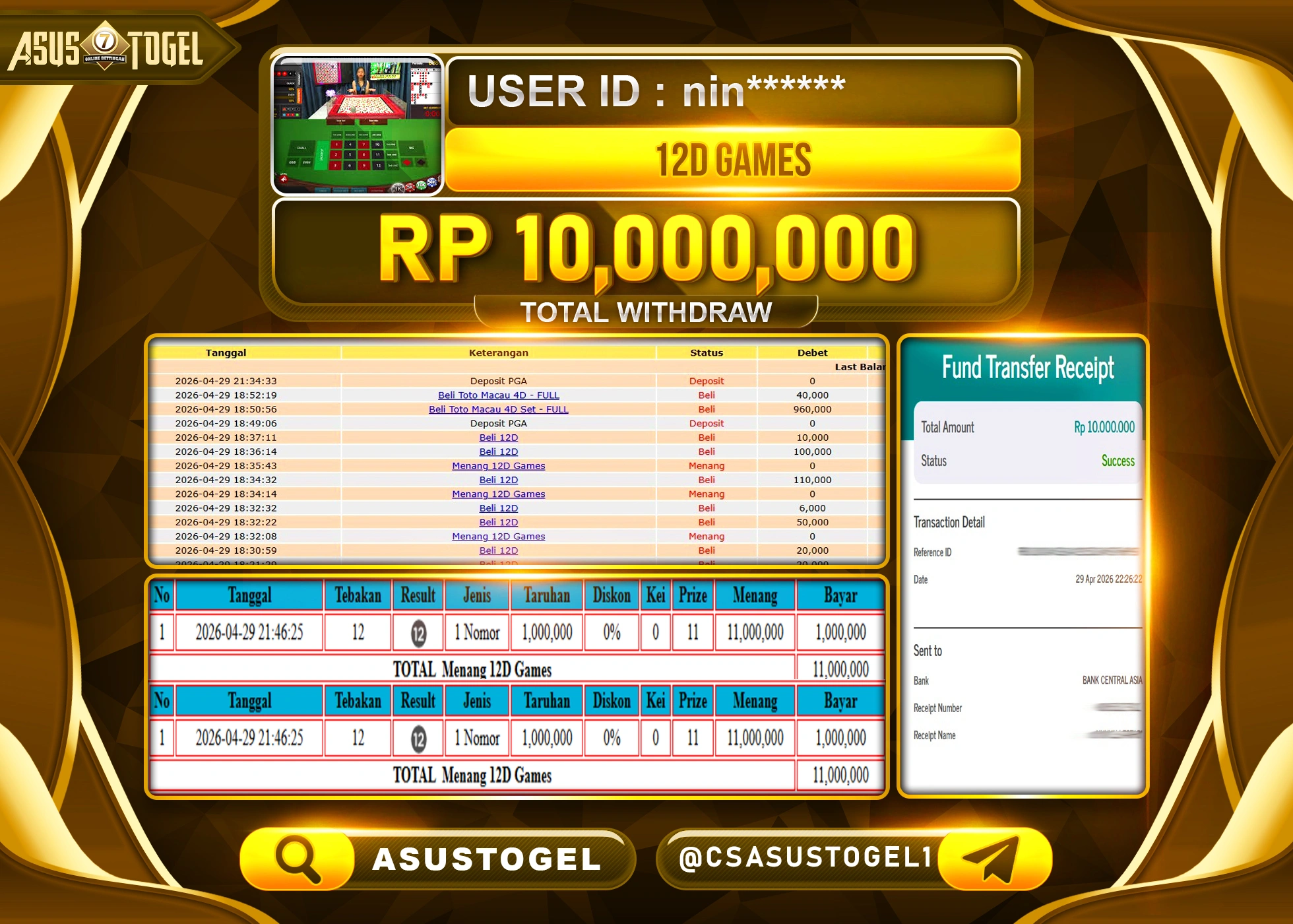 ASUSTOGEL KEMENANGAN JACKPOT DI PERMAINAN  12D GAMES SEBESAR Rp.10,000,000 - RUPIAH LUNAS