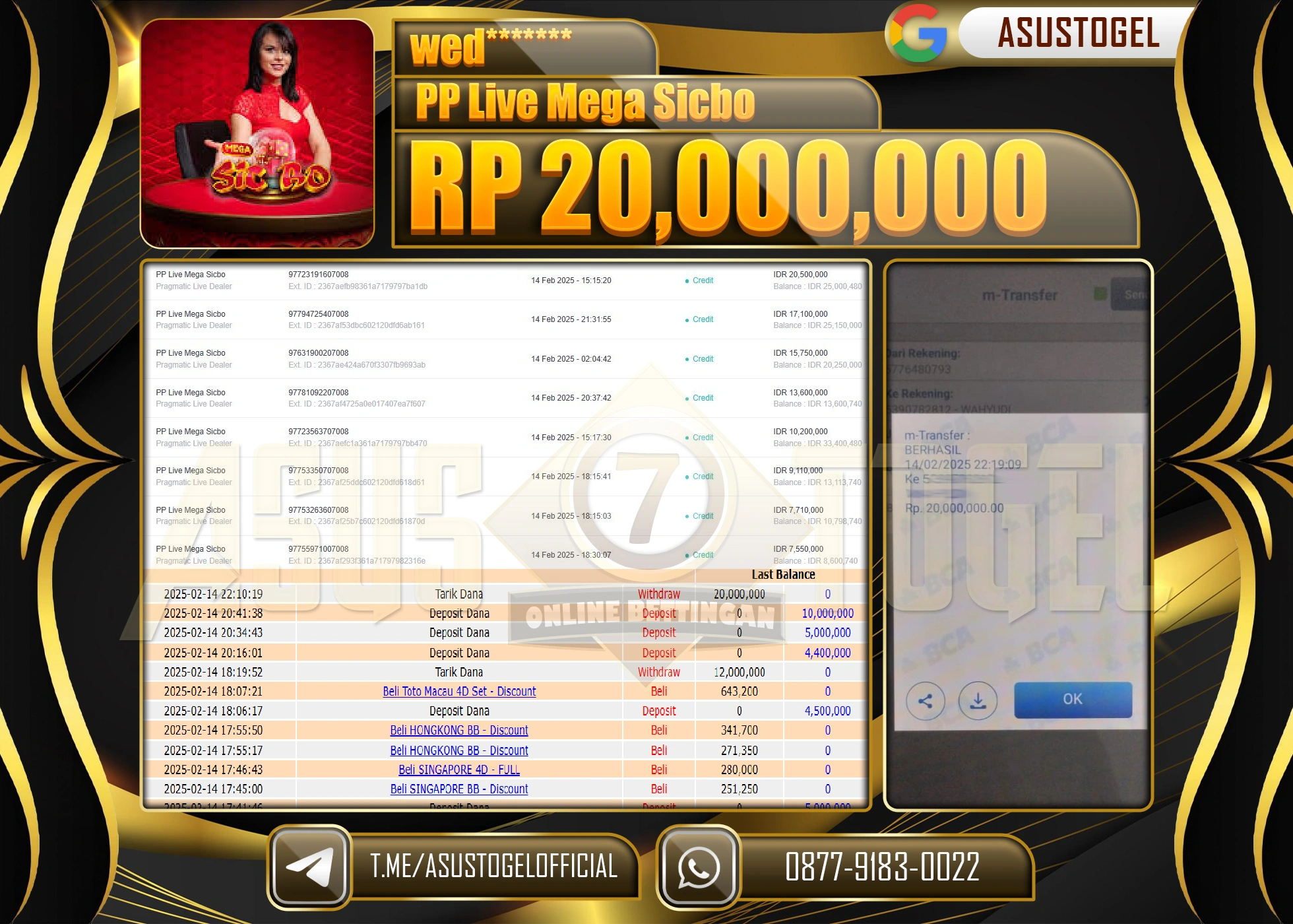 ASUSTOGEL KEMENANGAN DI PP LIVE MEGA SICBO SEBESAR 20.000.000 - RUPIAH LUNAS