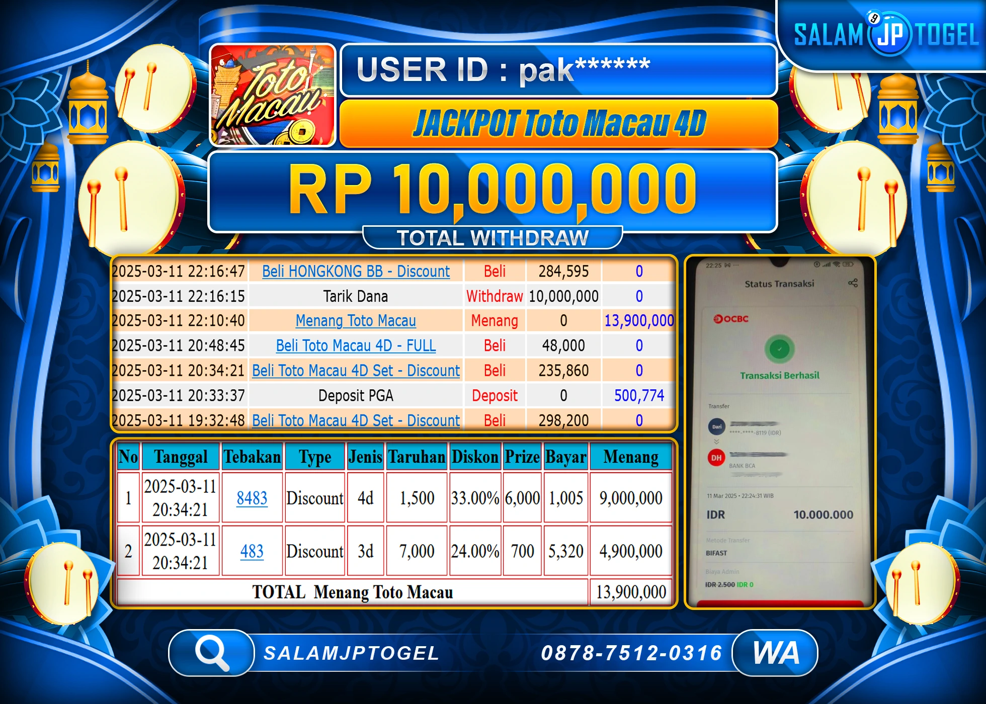 SALAMJPTOGEL MENANG TOTO MACAU 4D  Rp. 10,000,000 LUNAS