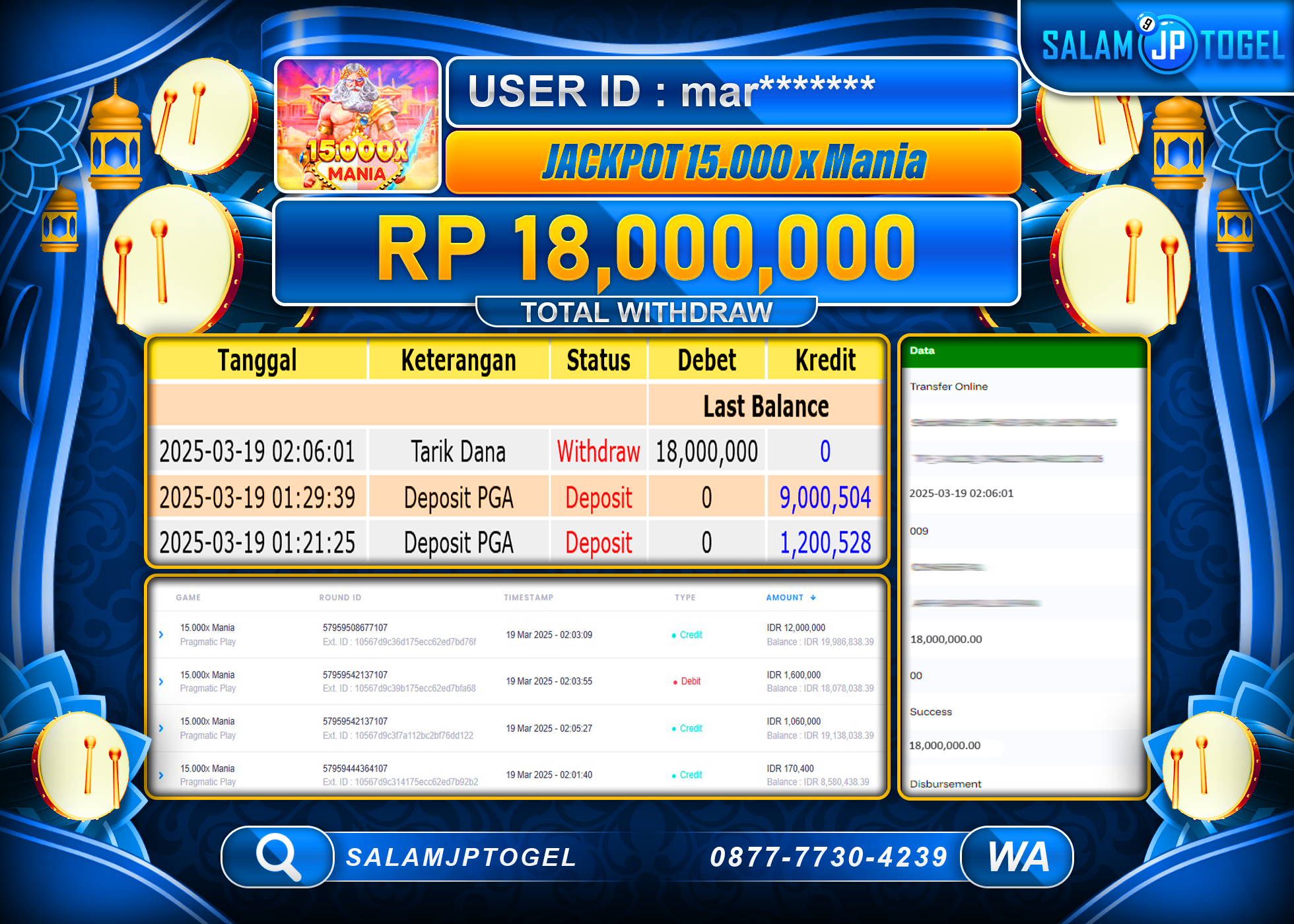 SALAMJPTOGEL MENANG 15.000X MANIA Rp. 18,000,000 LUNAS