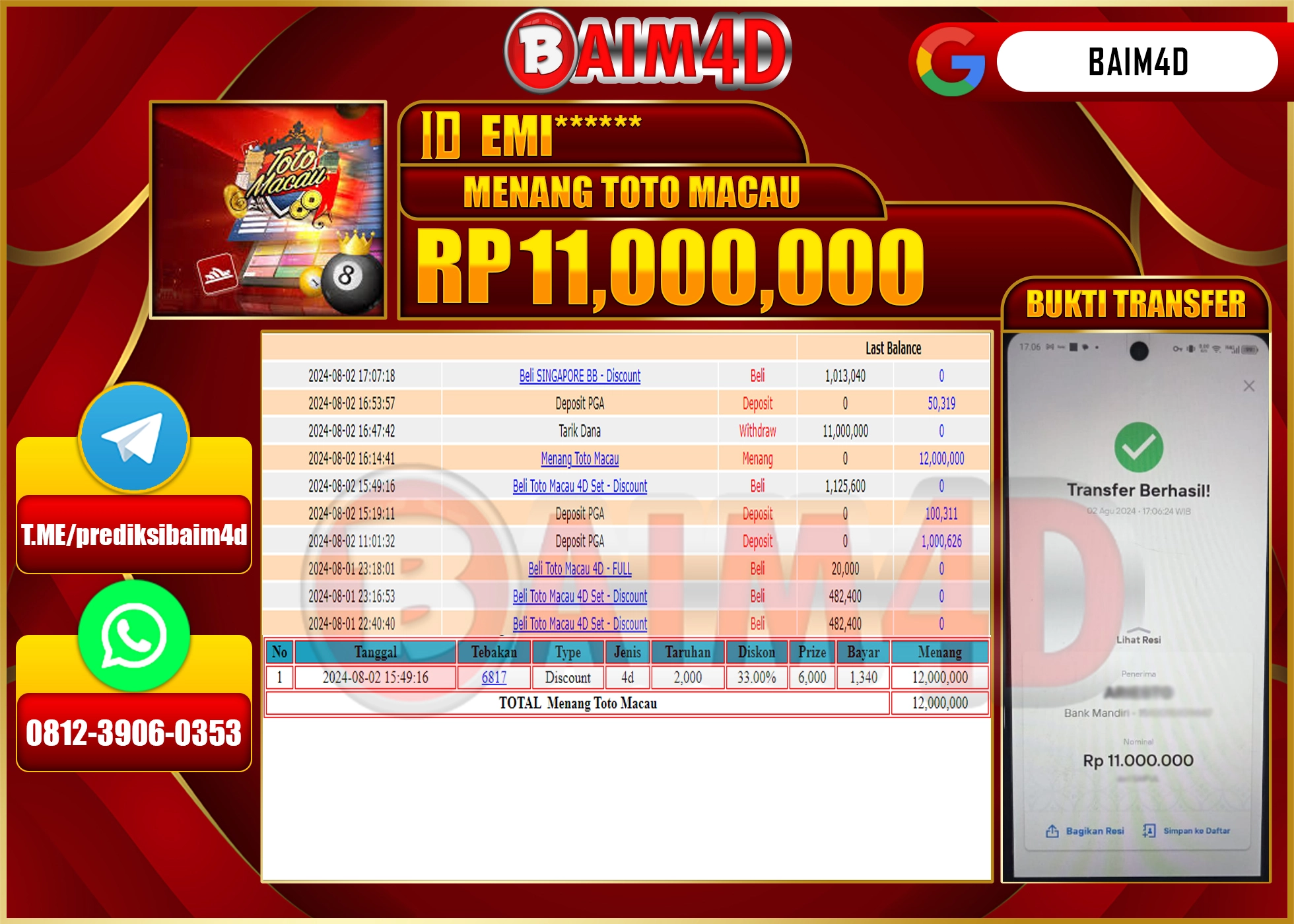 BAIM4D JACKPOT  TOTO MACAU Rp.11.000,000.- LUNAS