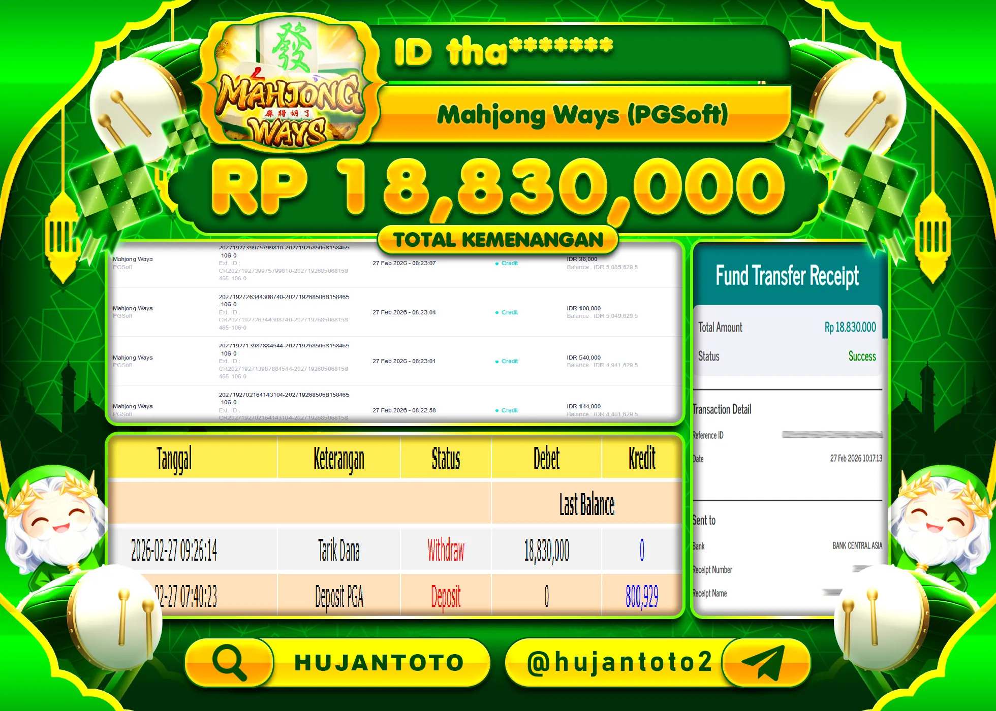 HUJANTOTO - BUKTI JACKPOT MENANG SLOT MAHJONG WAYS Rp.18,830,000 - TERBAYAR LUNAS