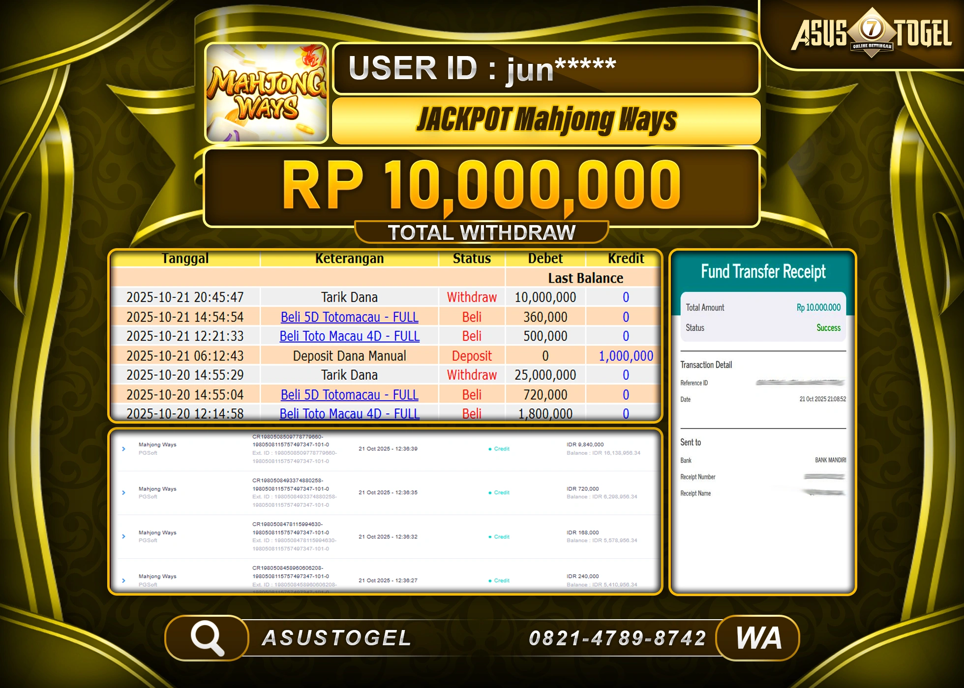 ASUSTOGEL KEMENANGAN DI SLOT MAHJONG WAYS SEBESAR 10,000,000- RUPIAH LUNAS
