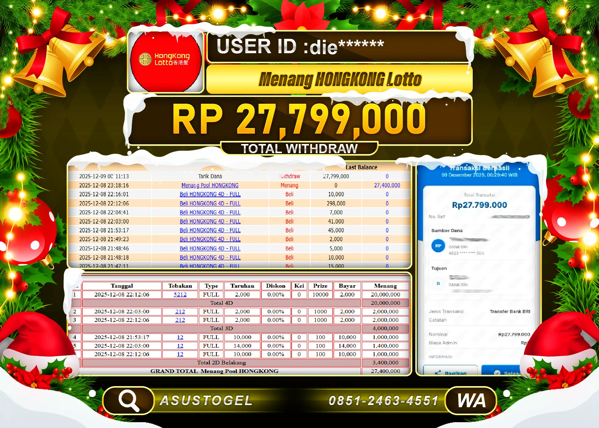 ASUSTOGEL KEMENANGAN DI TOGEL HONGKONG LOTTO  SEBESAR 27,799,000 - RUPIAH LUNAS