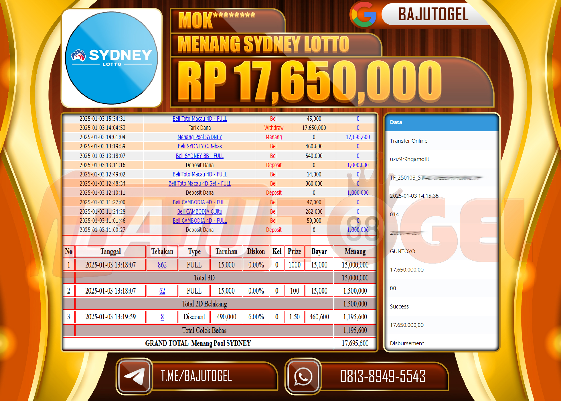 BAJUTOGEL KEMENANGAN PASARAN SYDNEY LOTTO Rp.17.650.000 LUNAS