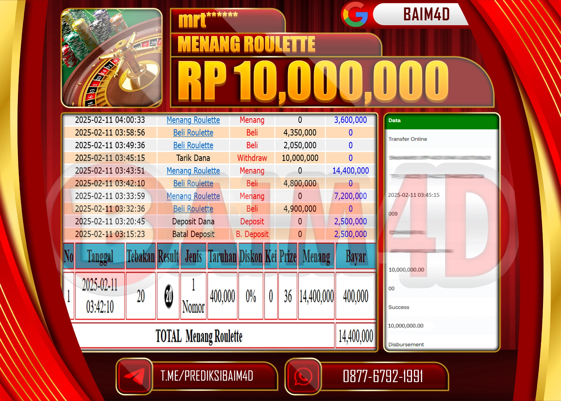 BAIM4D MENANG  MENANG ROULLETE GAMES   Rp.10.000,000.