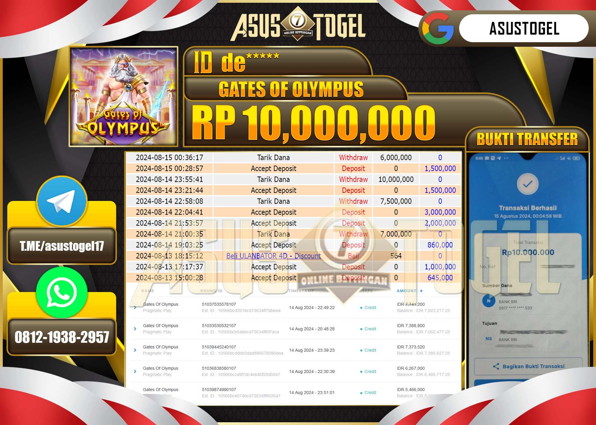 ASUSTOGEL KEMENANGAN DI GATES OF OLYMPUS  SEBESAR 10,000,000- RUPIAH LUNAS