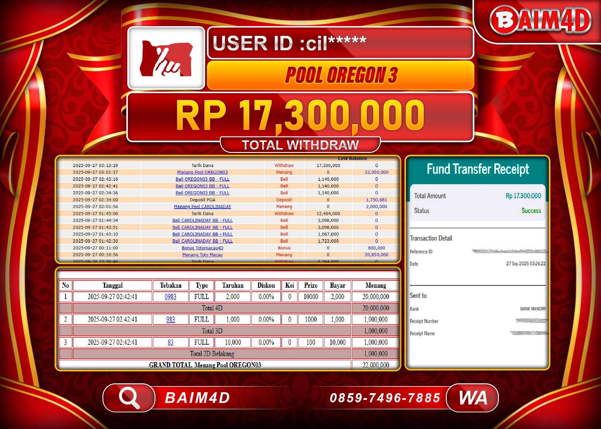 BAIM4D JACKPOT TOGEL POOL OREGON 03 Rp.17,300,000.- LUNAS