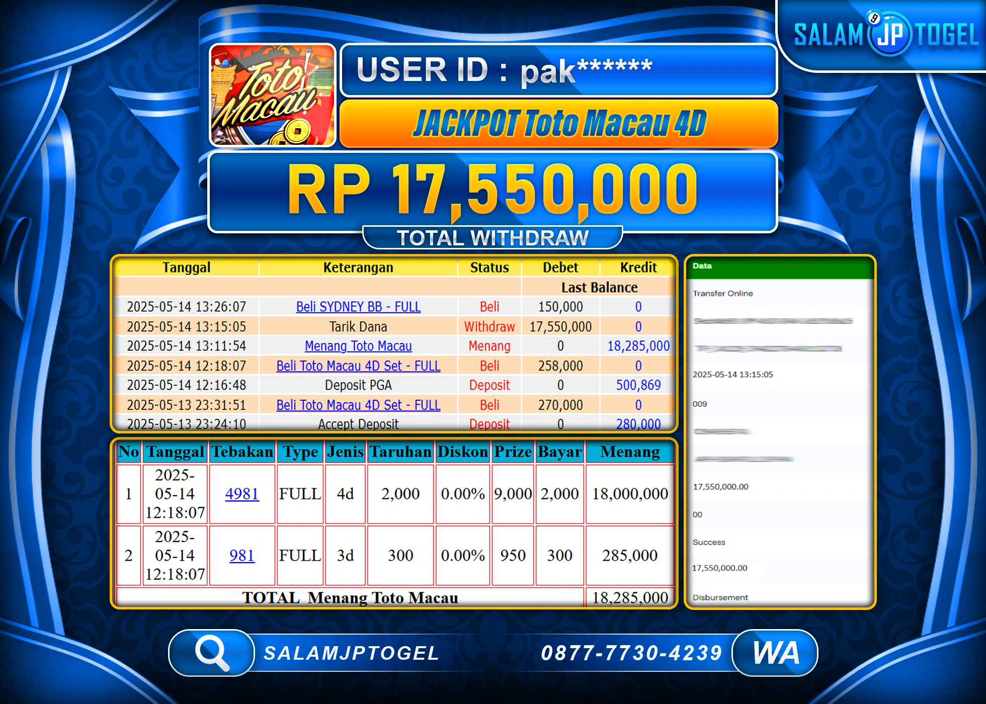 SALAMJPTOGEL MENANG JACKPOT TOTO MACAU Rp.17,550,000 LUNAS