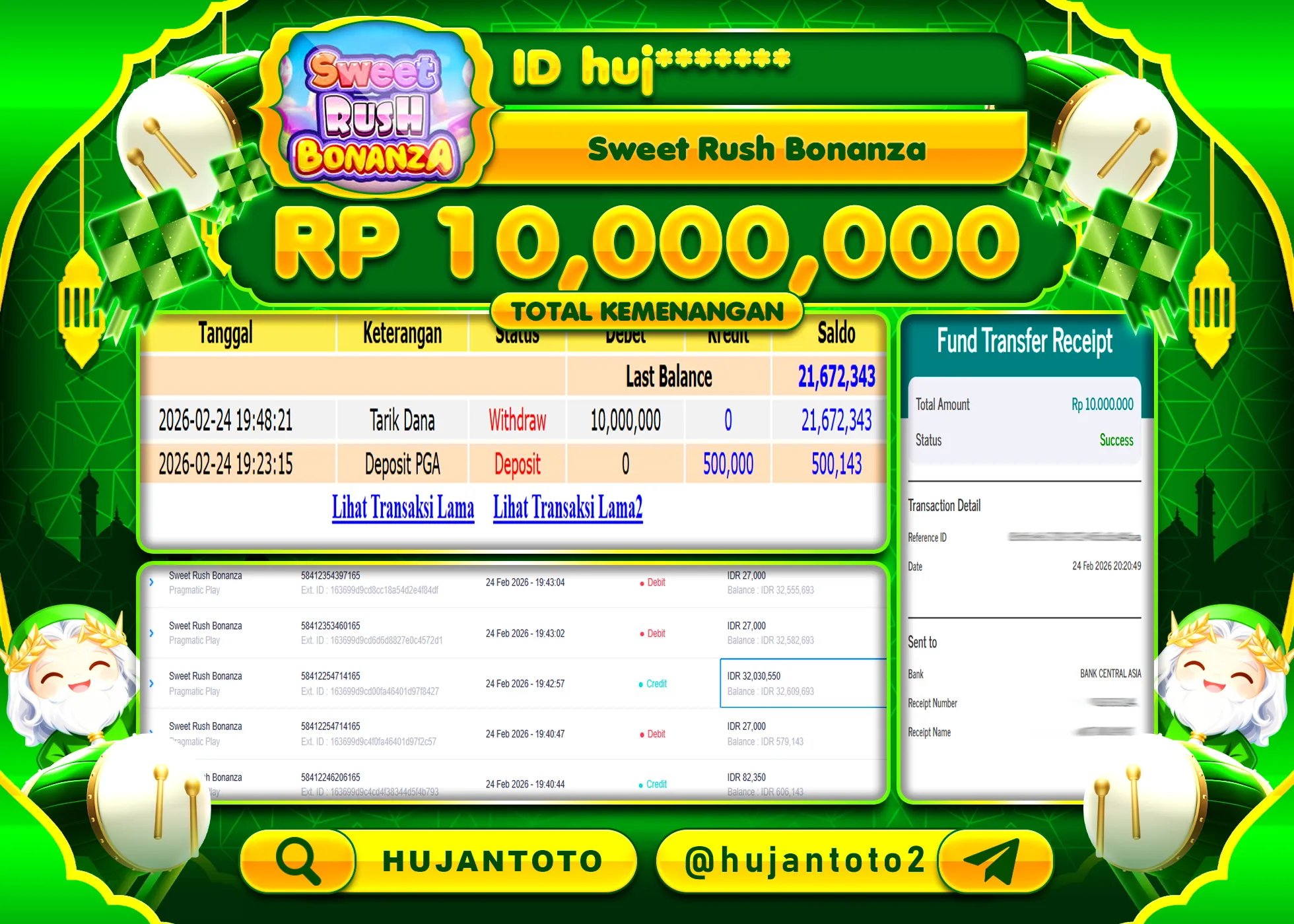 HUJANTOTO - BUKTI JACKPOT MENANG SLOT SWEET RUSH BONANZA Rp.10,000,000 - TERBAYAR LUNAS