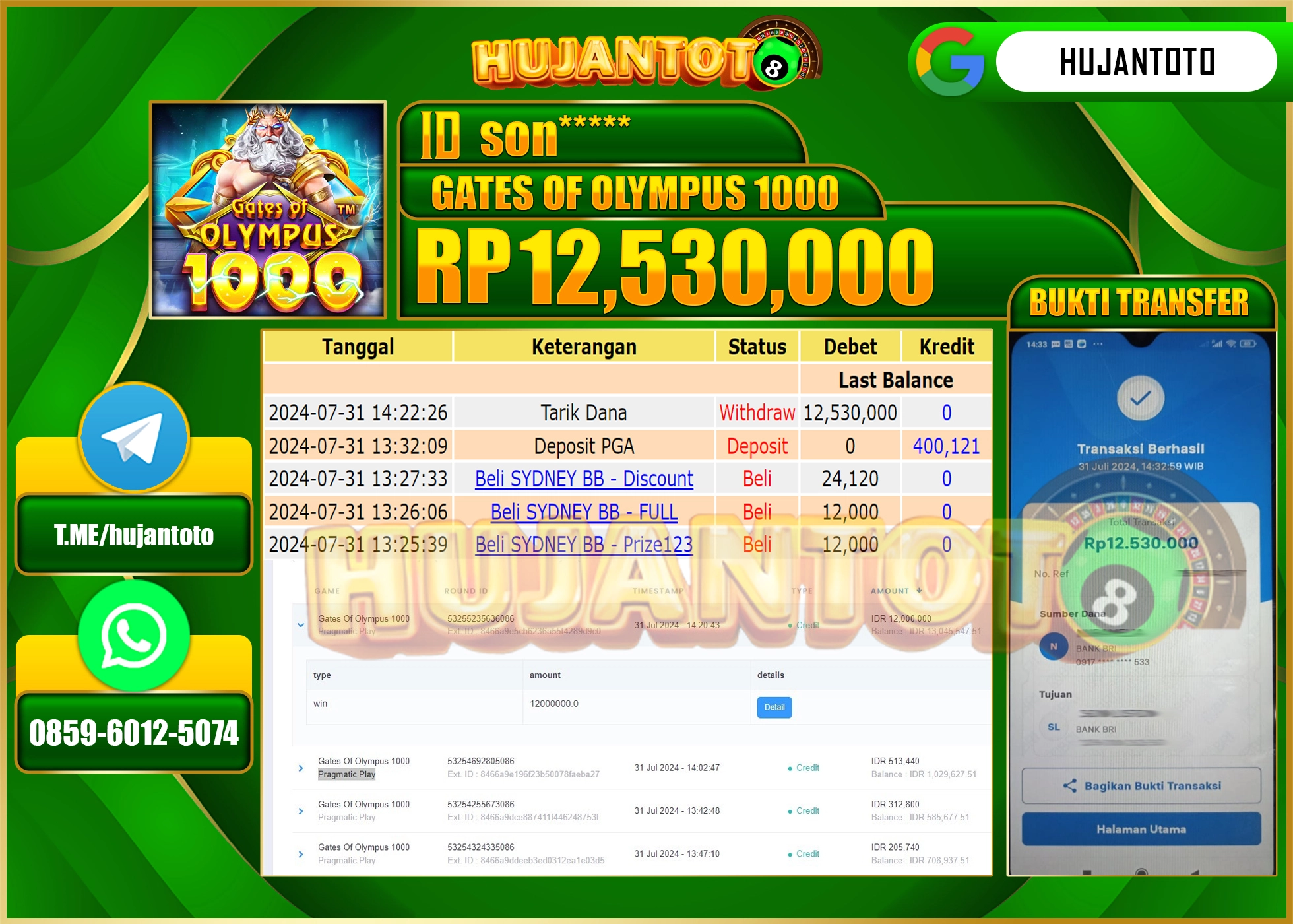 HUJANTOTO MENANG BESAR DI PERMAINAN SLOT GATES OF OLYMPUS 1000 12.530.000 - LUNAS 