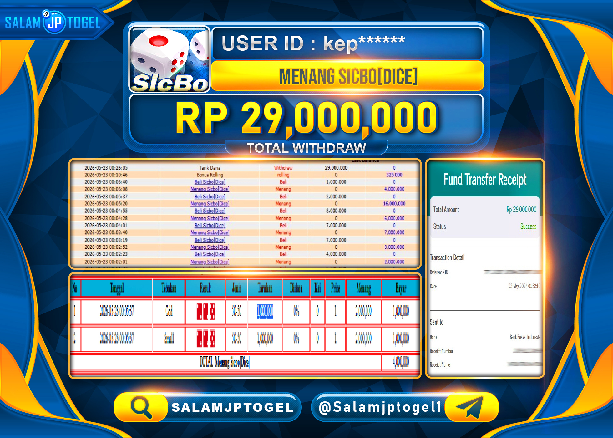 SALAMJPTOGEL JACKPOT LIVEGAMES Menang Sicbo[Dice] Rp.29,000,000 - LUNAS