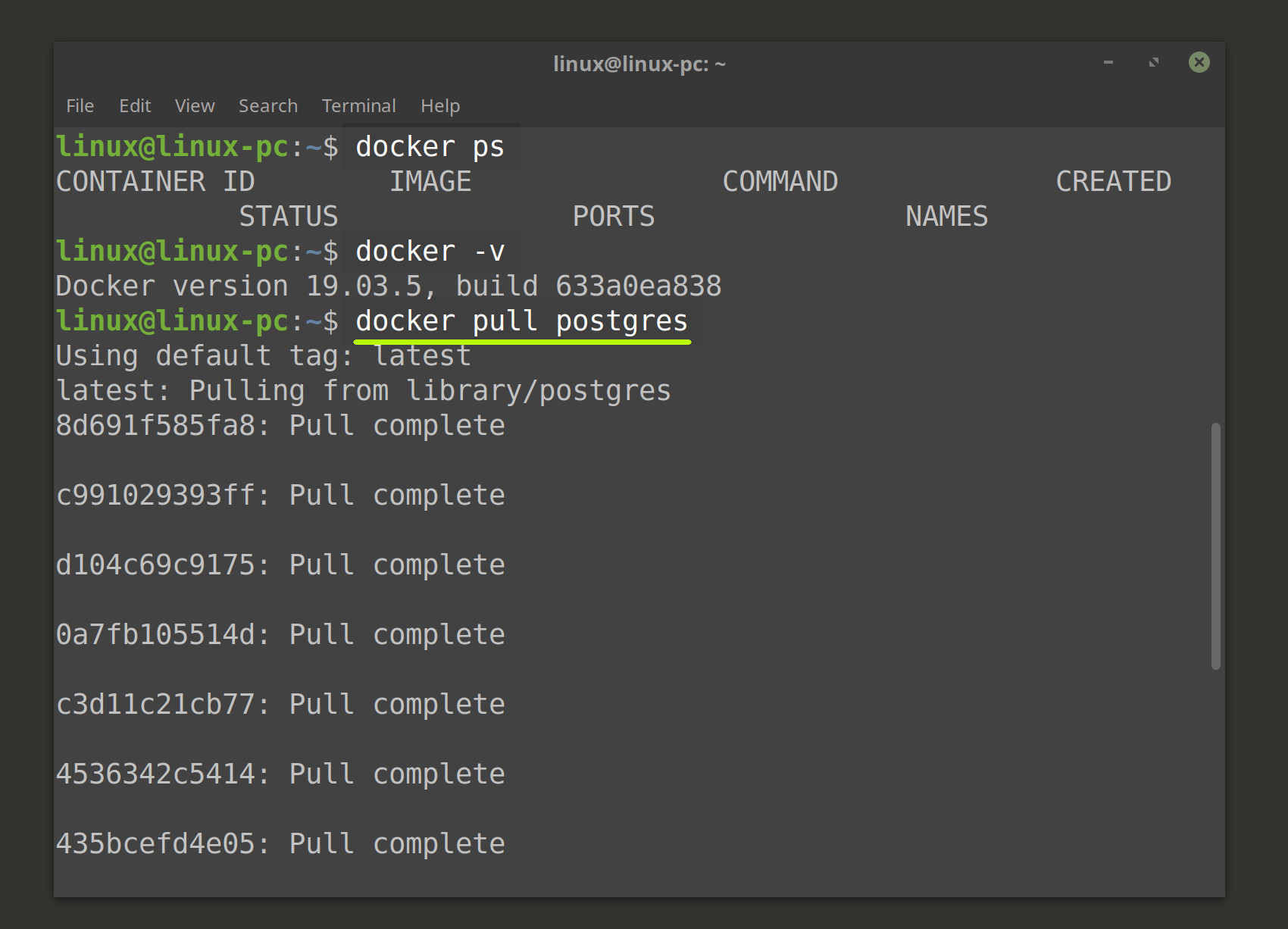 Screenshot of Docker pulling the image for Postgres in Linux terminal