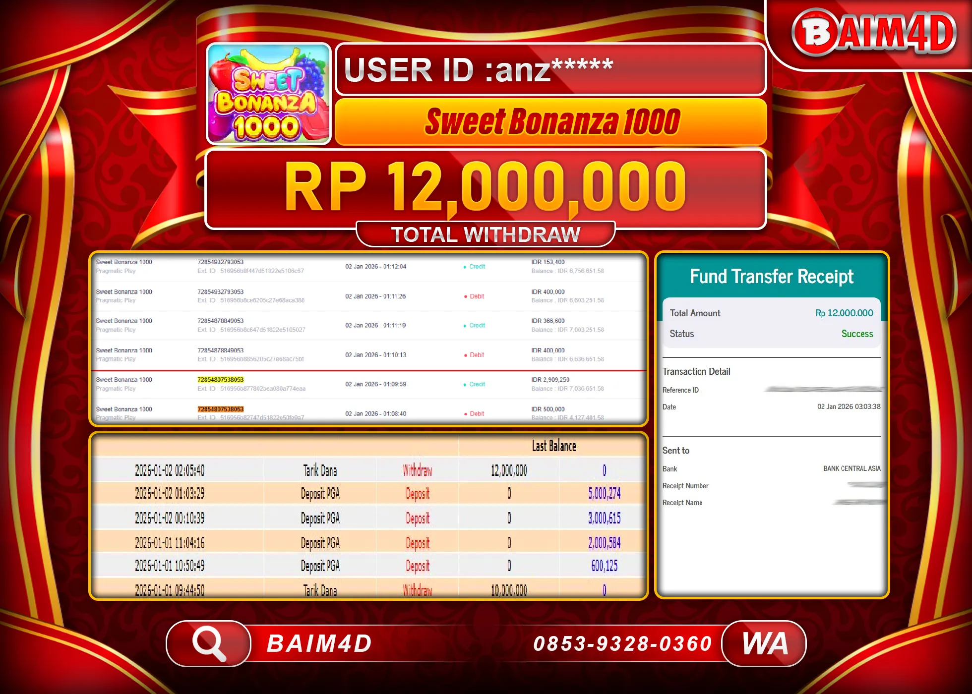 BAIM4D JACKPOT  SLOT SWEET BONANZA 1000 Rp.12,000,000 - LUNAS